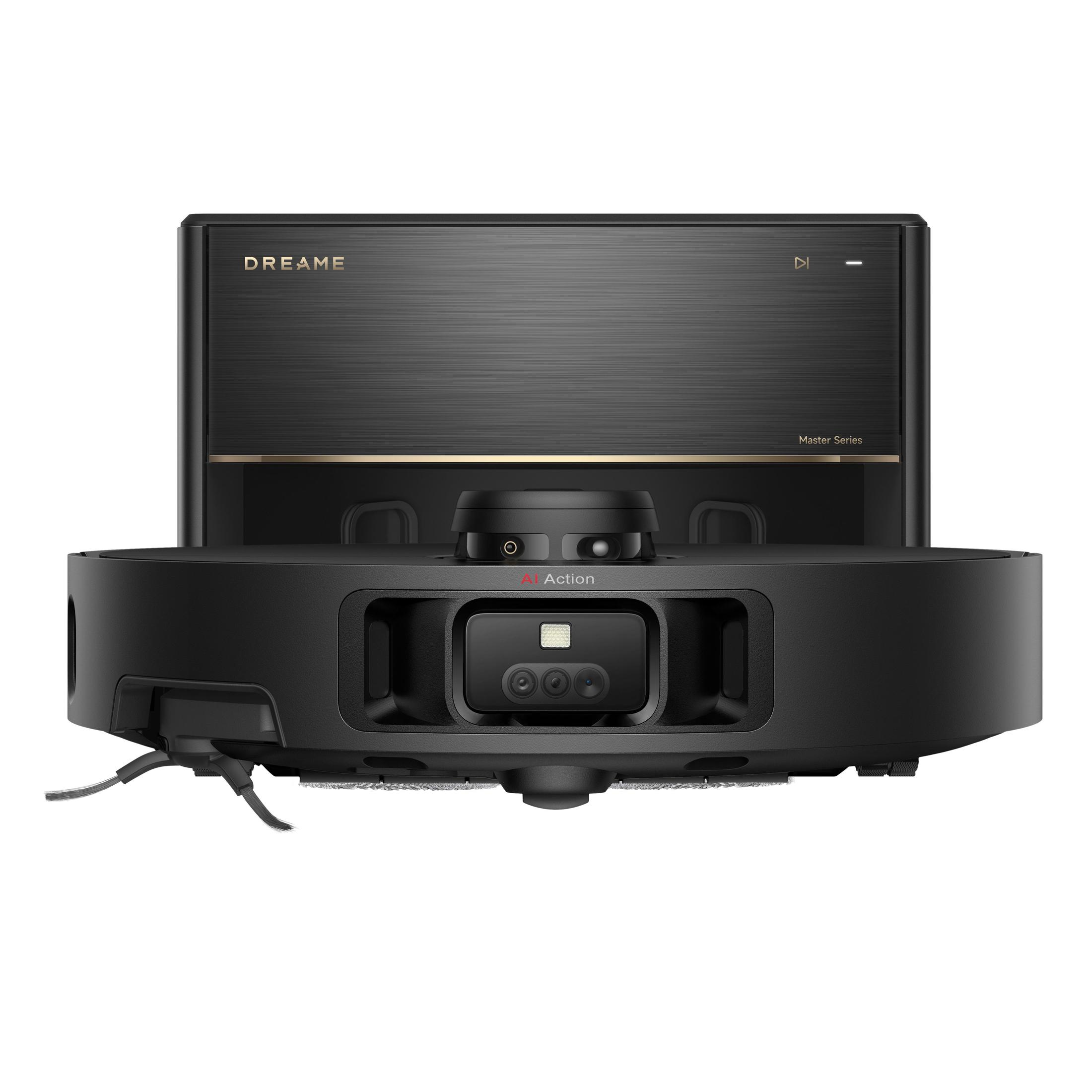 Czarny robot odkurzający ze stacją ładującą. Ma przednią kamerę i pojemnik na kurz.