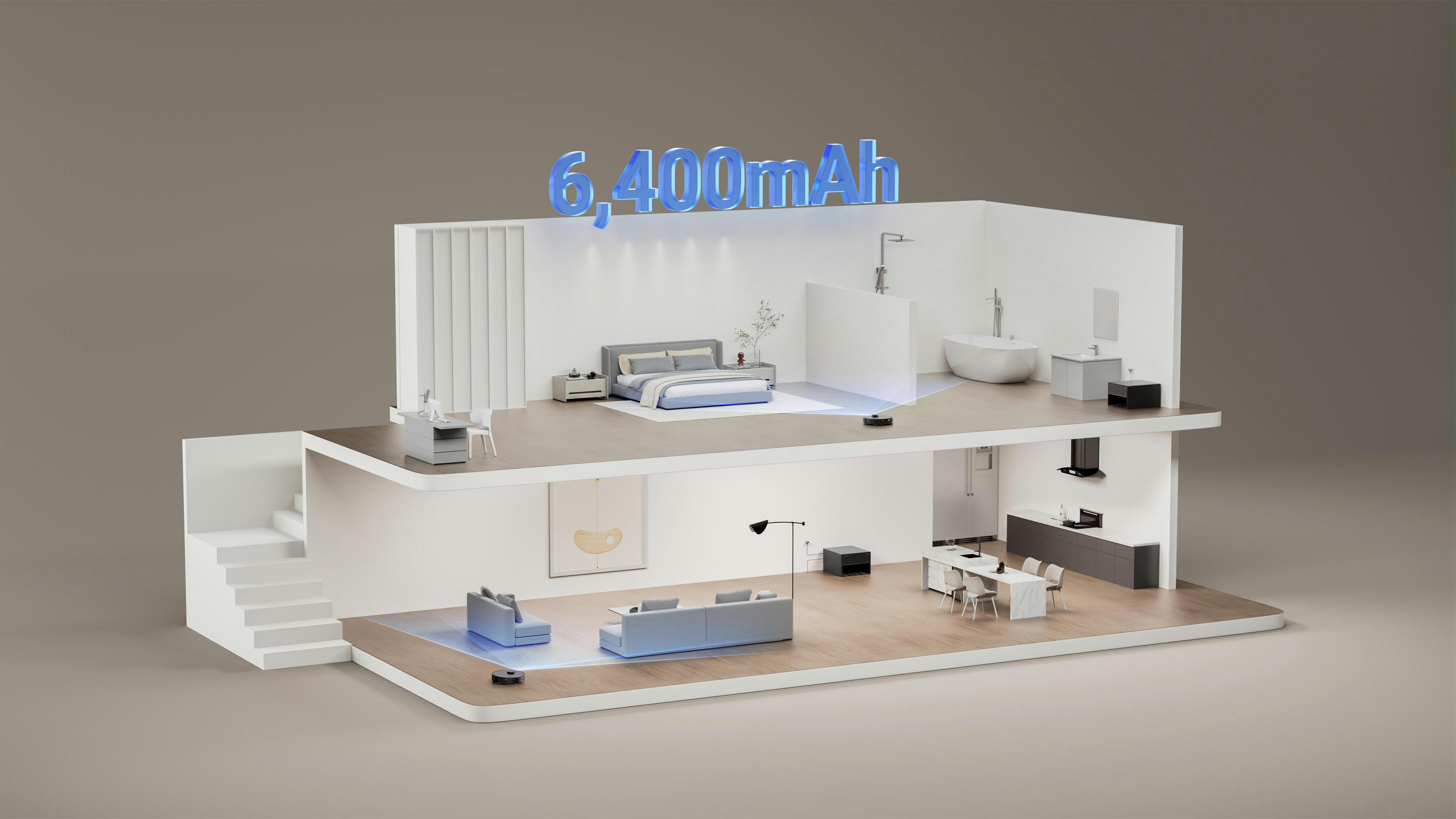 Przekrój dwupiętrowego domu. Pokazuje pokoje z meblami i sprzętami.