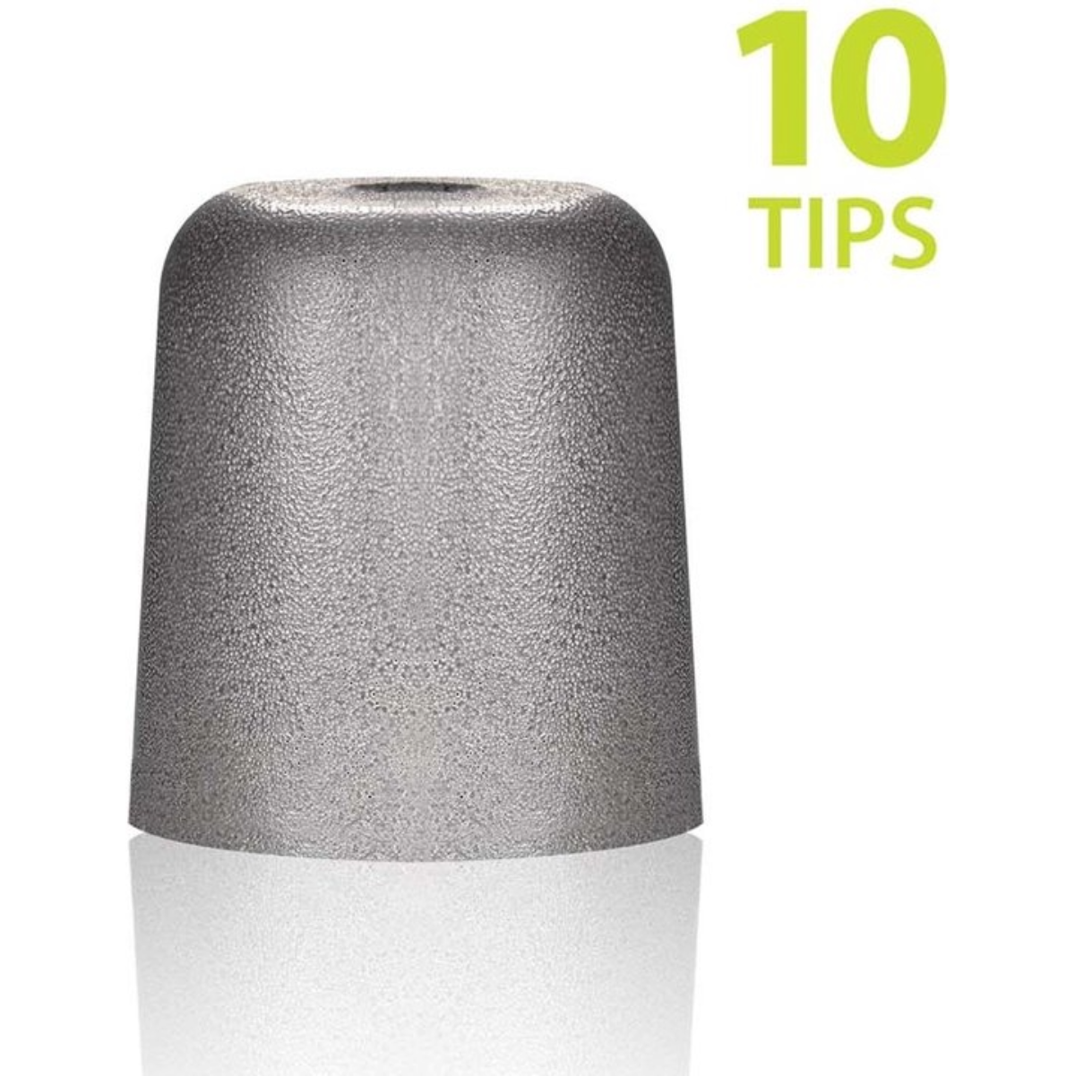 Grijze oortips met een 10 tips label op een witte achtergrond.