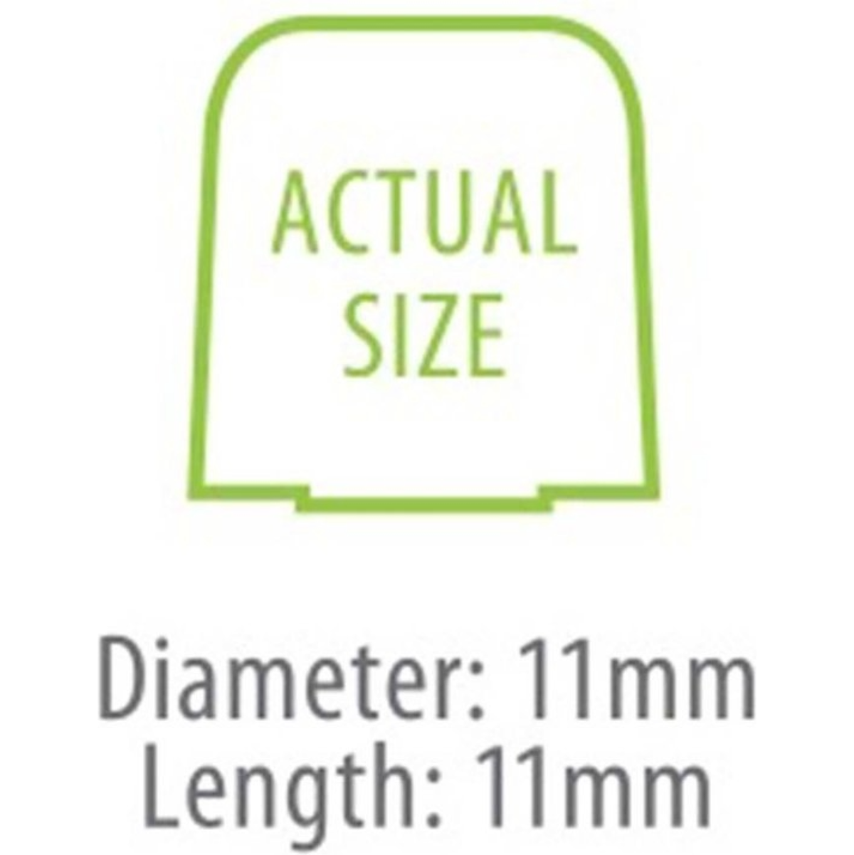 Groene omtrek van een kleine capsule. Tekst: "ACTUAL SIZE" erboven en afmetingen eronder.