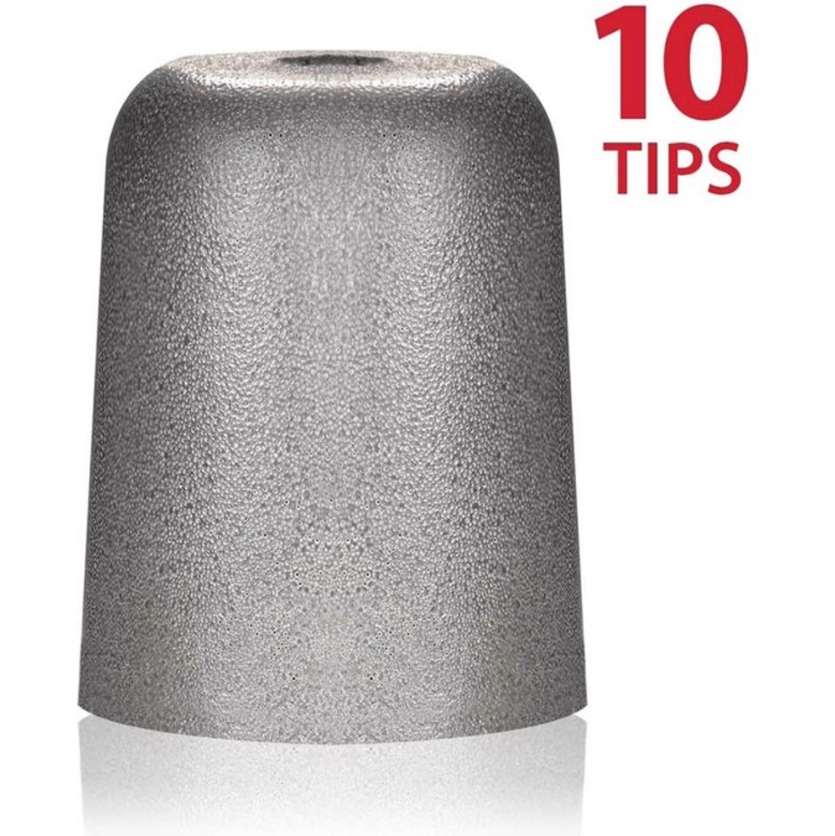 Een grijze oordopje met het nummer '10 TIPS' in rood op de achtergrond.