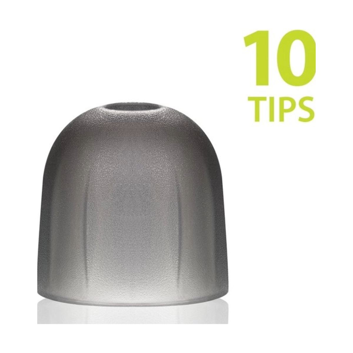 Grijze oortip op wit. Tekst '10 TIPS' aan de rechterkant. Witte achtergrond.