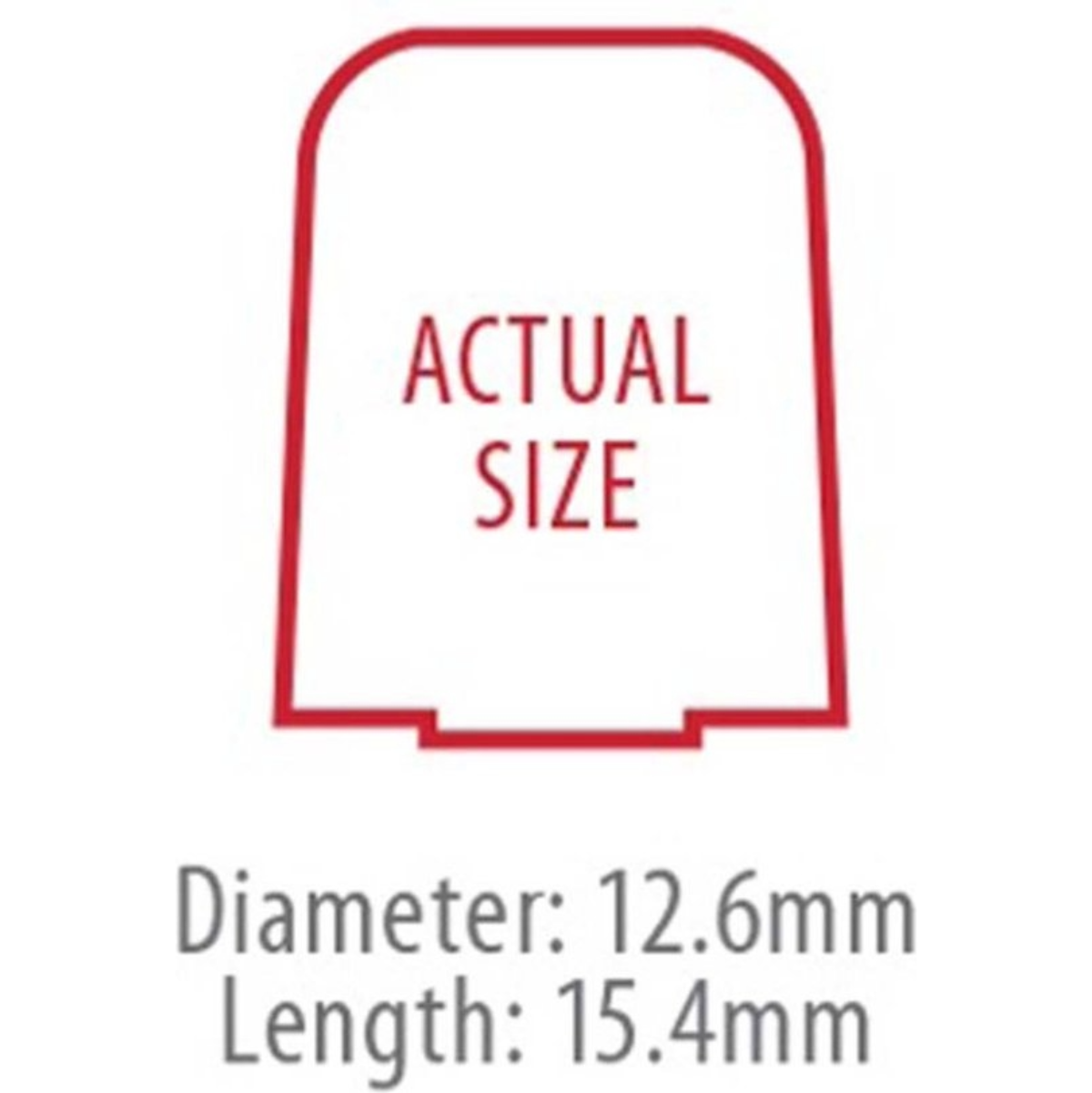 Werkelijke grootte diagram van een oortip. Tekst zegt diameter 12,6 mm en lengte 15,4 mm. Rode omtrek.