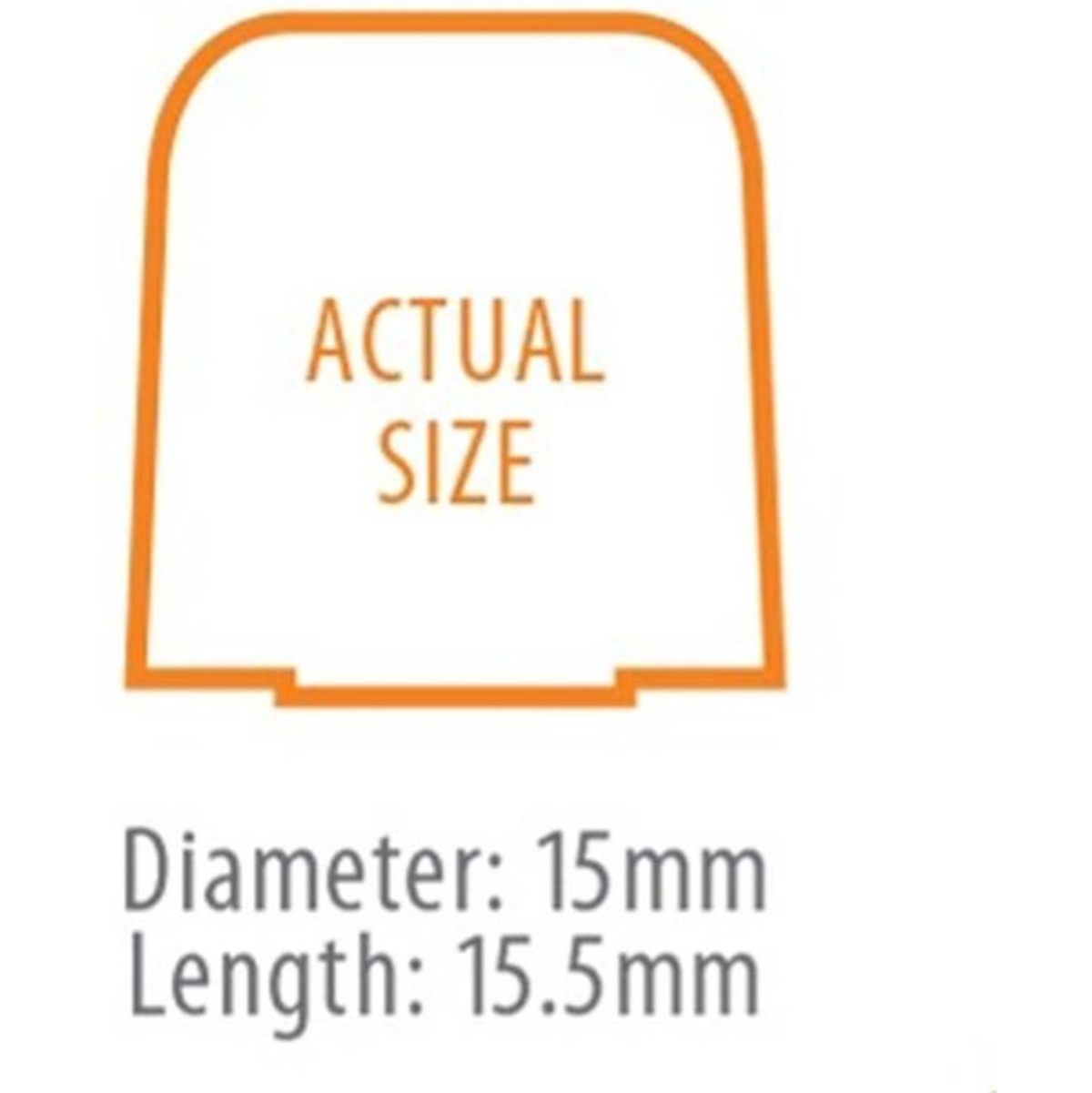 Afbeelding met 'ACTUAL SIZE' en afmetingen: diameter 15mm, lengte 15.5mm.
