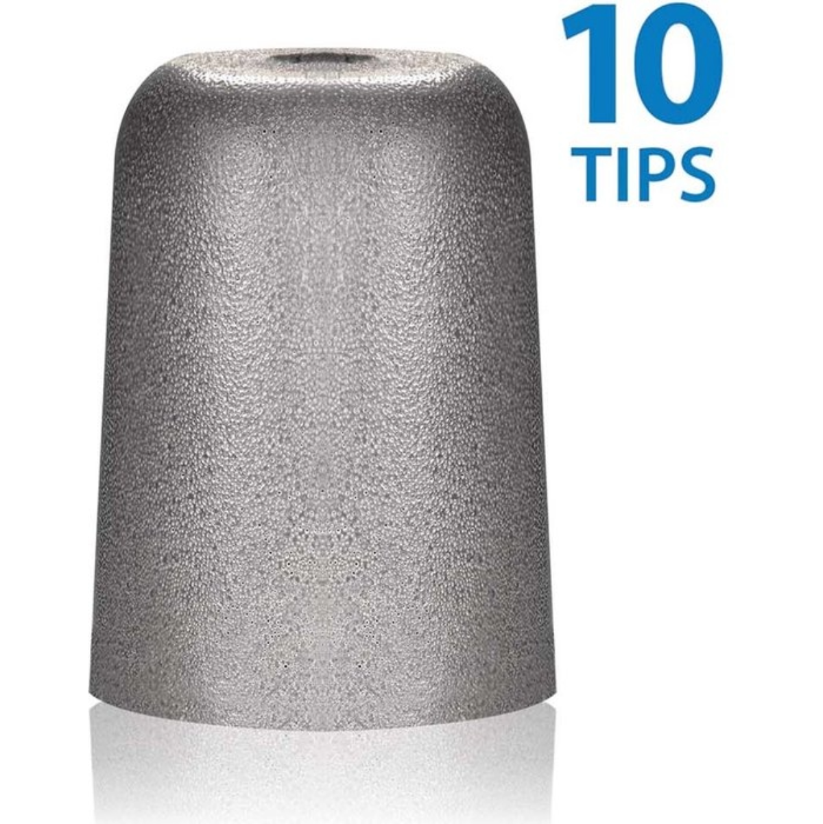 Metalen grijze punt met een getextureerd oppervlak. 10 tips worden rechtsboven getoond.