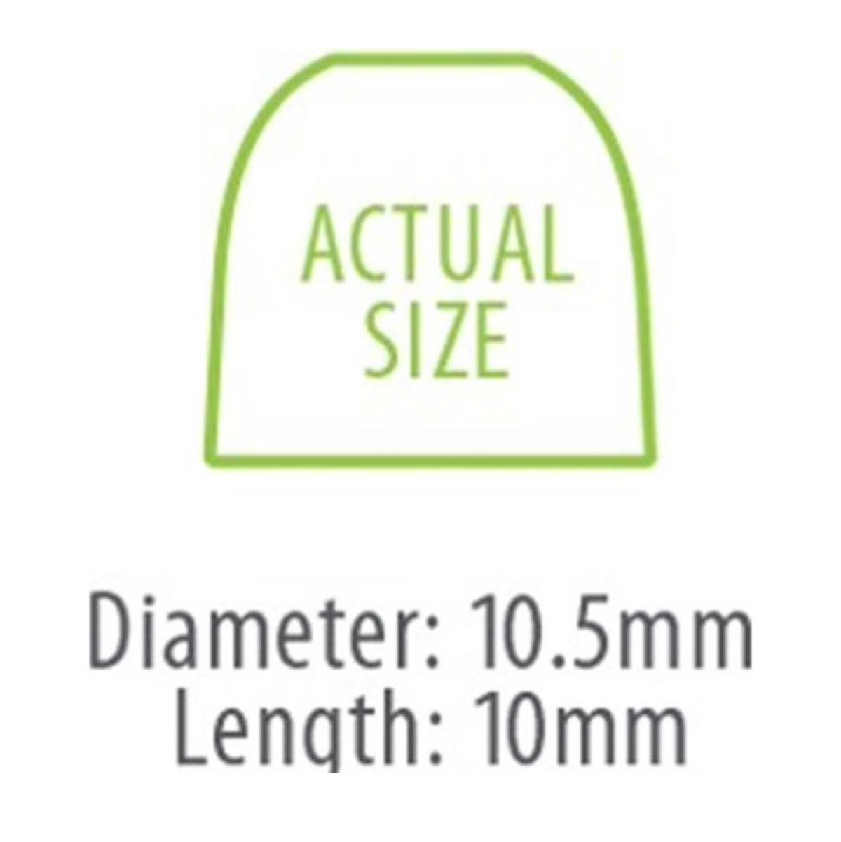 Groene omtrek van een oordopje, tekst: Diameter: 10,5 mm, Lengte: 10 mm.