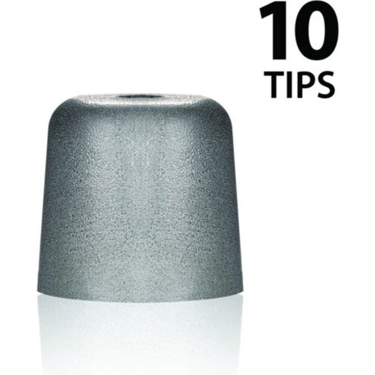 Grijze oordop. Tekst: "10 TIPS" in de rechterhoek, witte achtergrond.