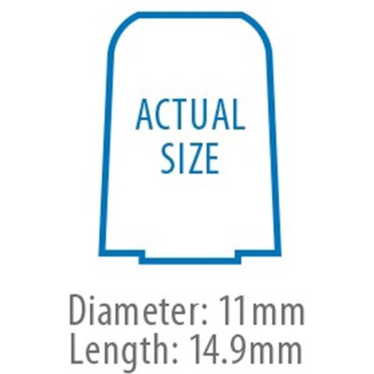 Blauw omlijnde tekening toont werkelijke grootte. Tekst: diameter 11 mm, lengte 14,9 mm. Witte achtergrond.