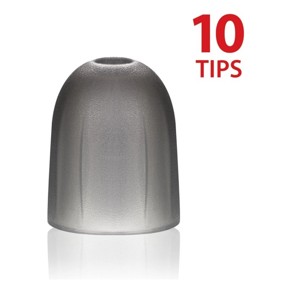 Een enkele grijze oordopje met rode tekst '10 TIPS' in de rechterbovenhoek.