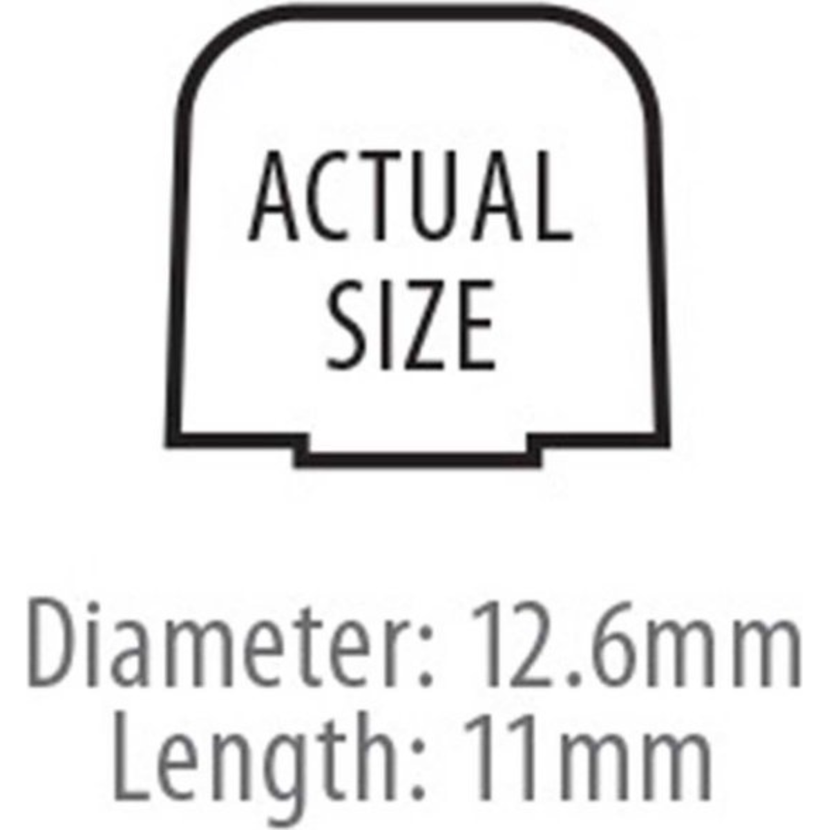 Werkelijke grootte diagram van een oortip. Tekst zegt diameter 12,6 mm en lengte 11 mm. Rode omtrek.