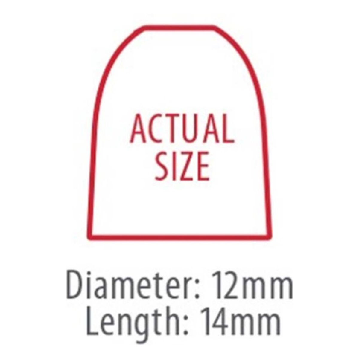 Rode diagramafbeelding met de werkelijke grootte van een oordopje. Diameter: 12mm, Lengte: 14mm.