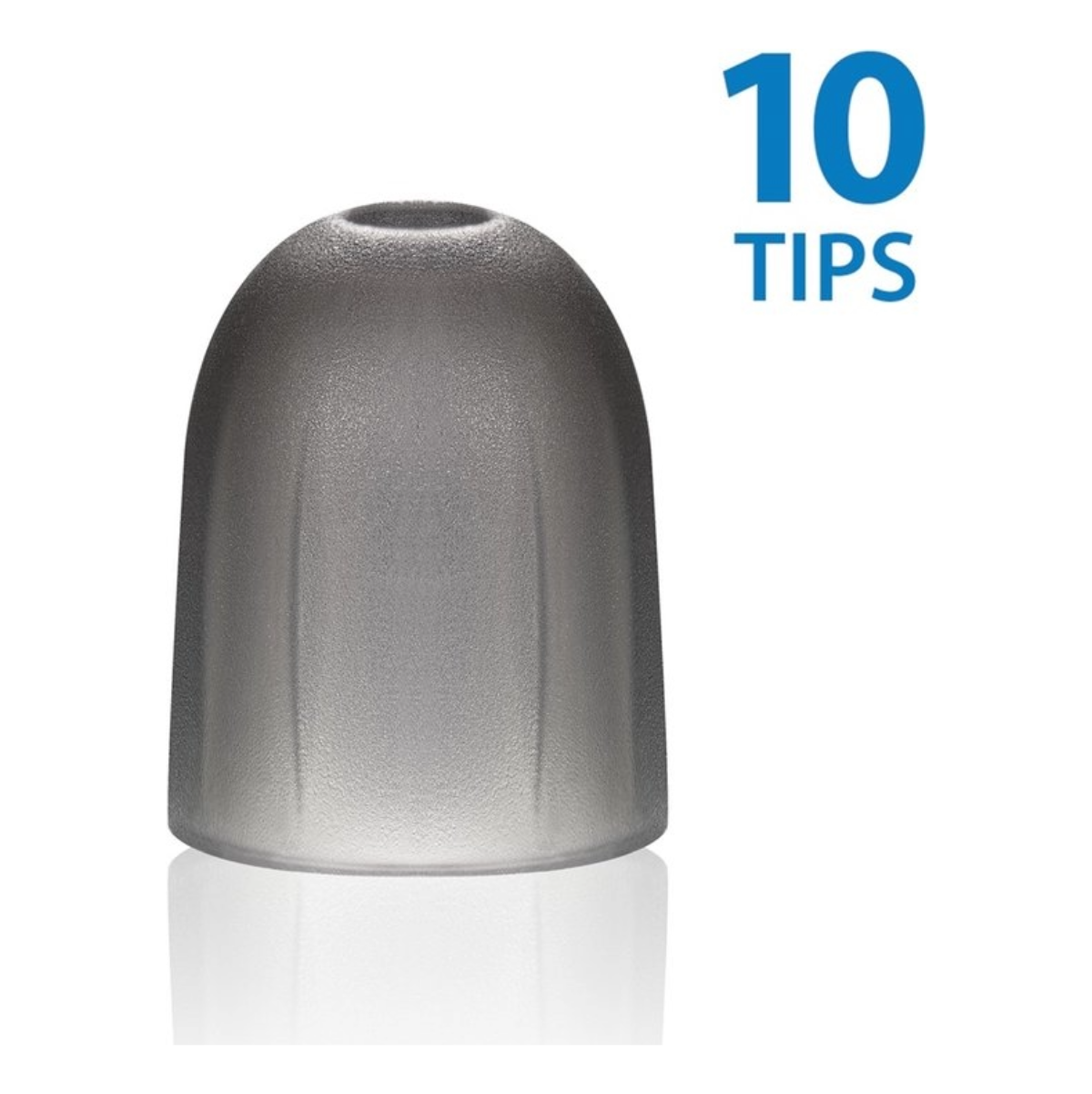 A gray earbud tip with a rounded end and a hole. The text "10 TIPS" is above it.