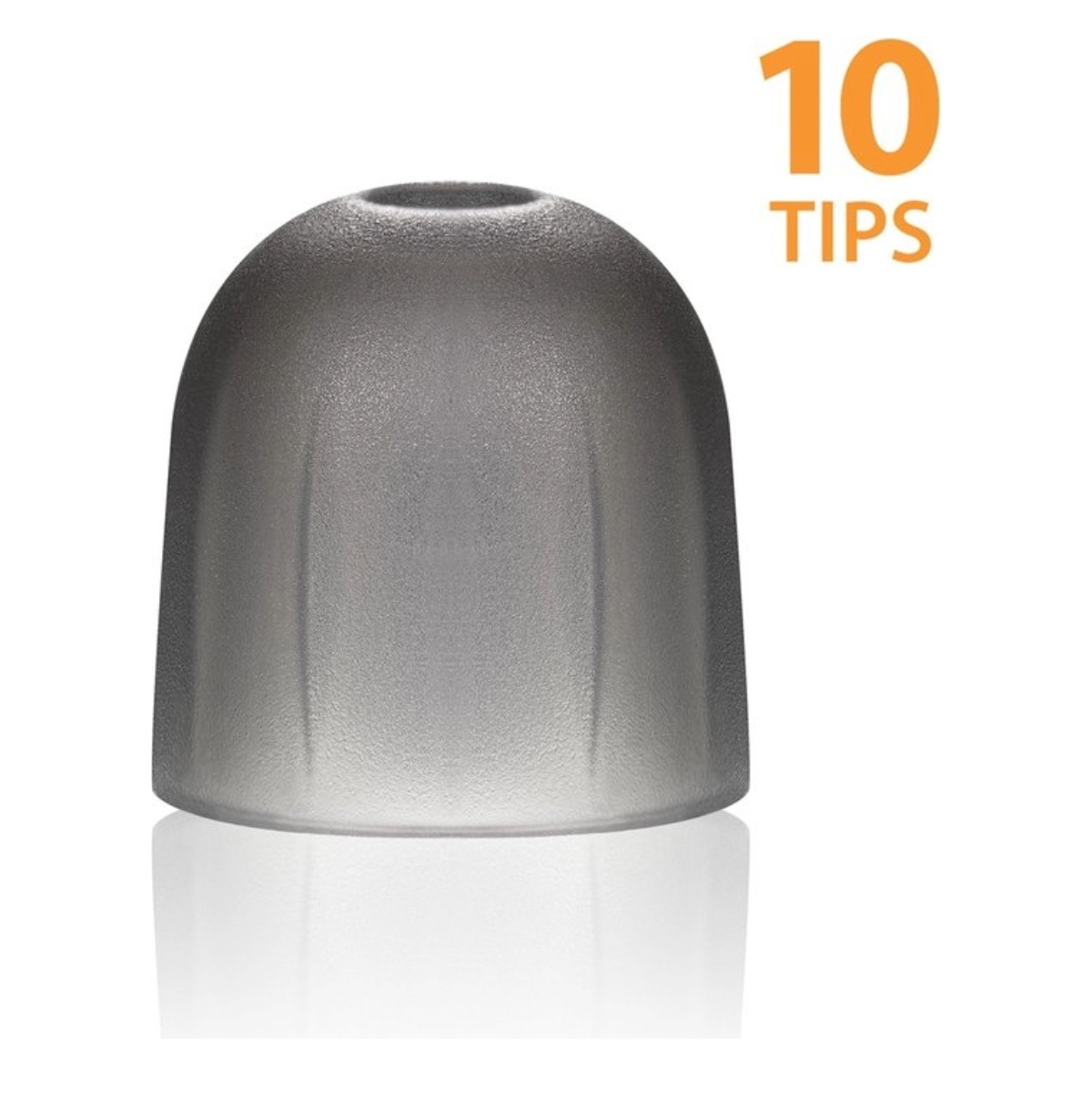 Grijze oortips met een 10 tips label op een witte achtergrond.