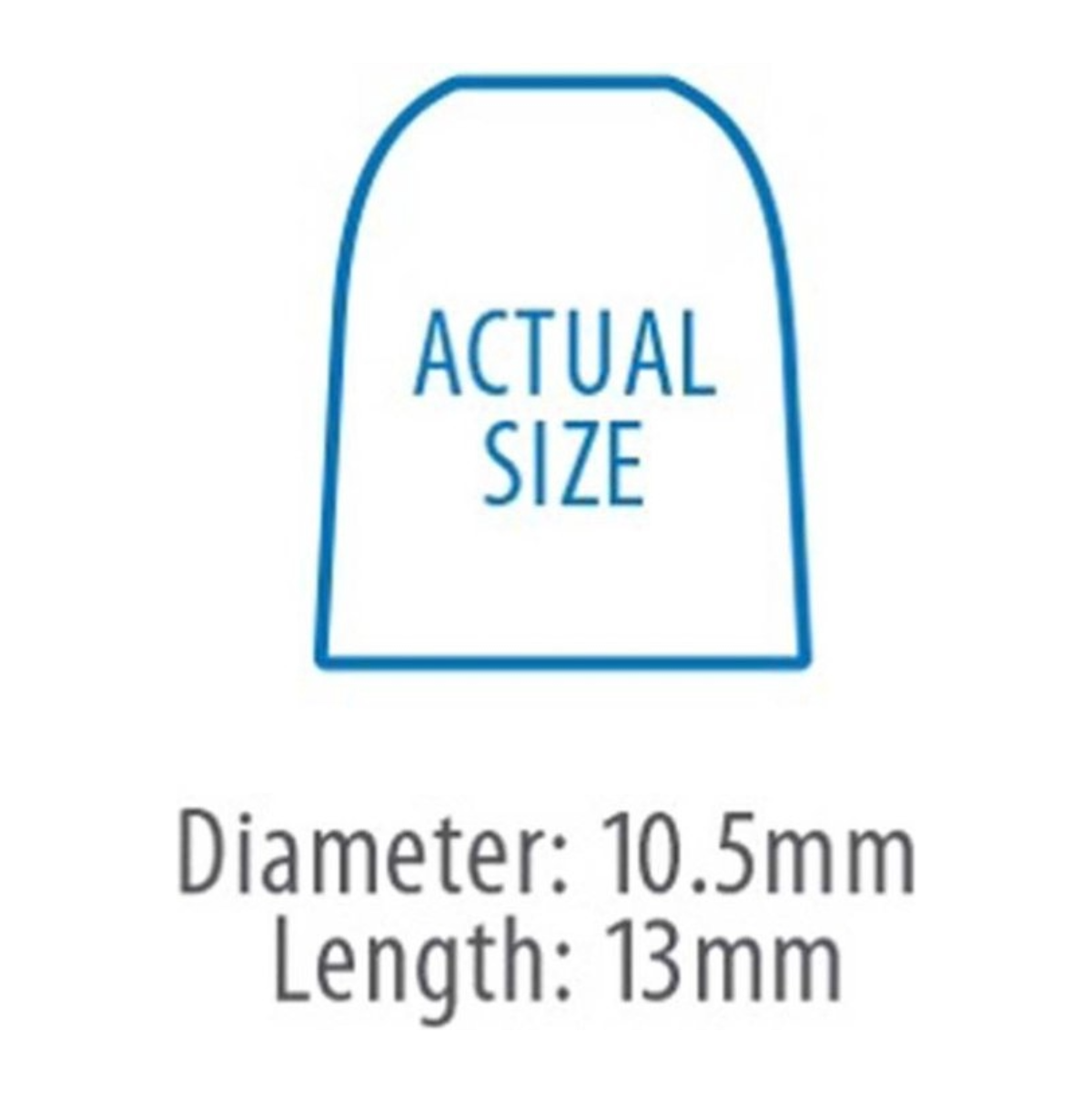 A diagram showing the actual size of an earplug, diameter 10.5mm, length 13mm.