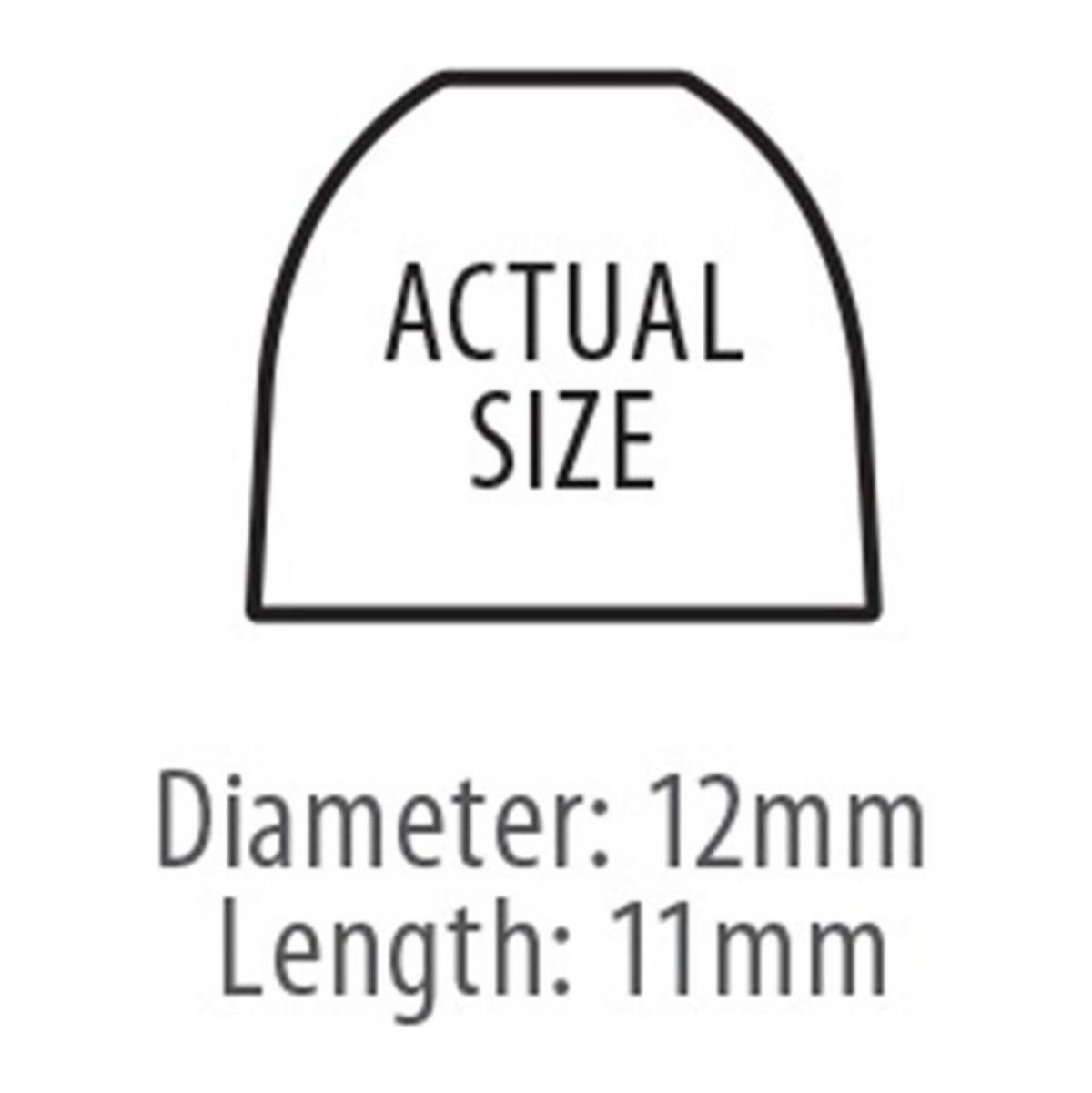 Diagram van oortip. Tekst: Werkelijke grootte. Diameter 12mm, lengte 11mm. Zwart op wit.