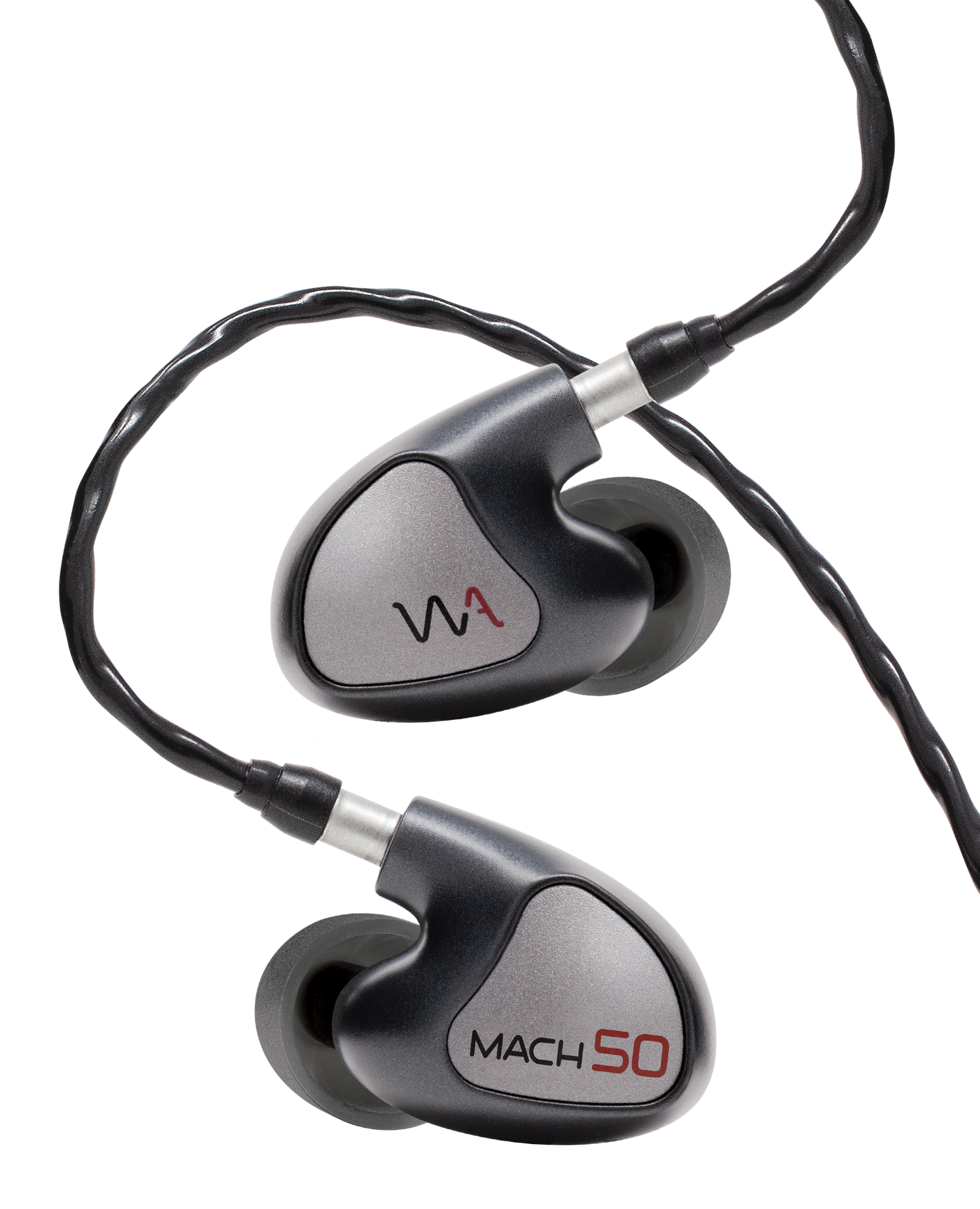 Zwarte en zilveren in-ear oordopjes, met merknaam en modelnaam op de buds.