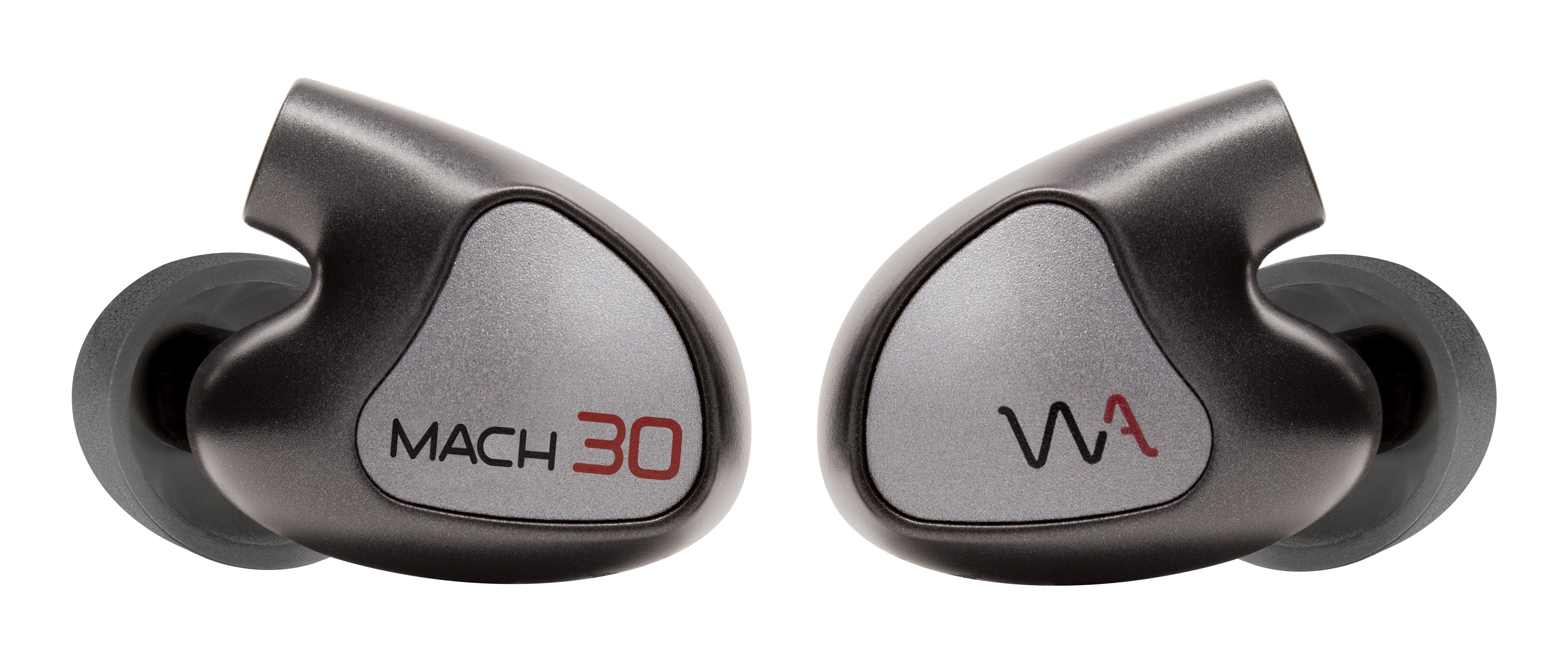 Twee zwarte en zilveren in-ear oordopjes. Modelnaam en merknaam op de buds.
