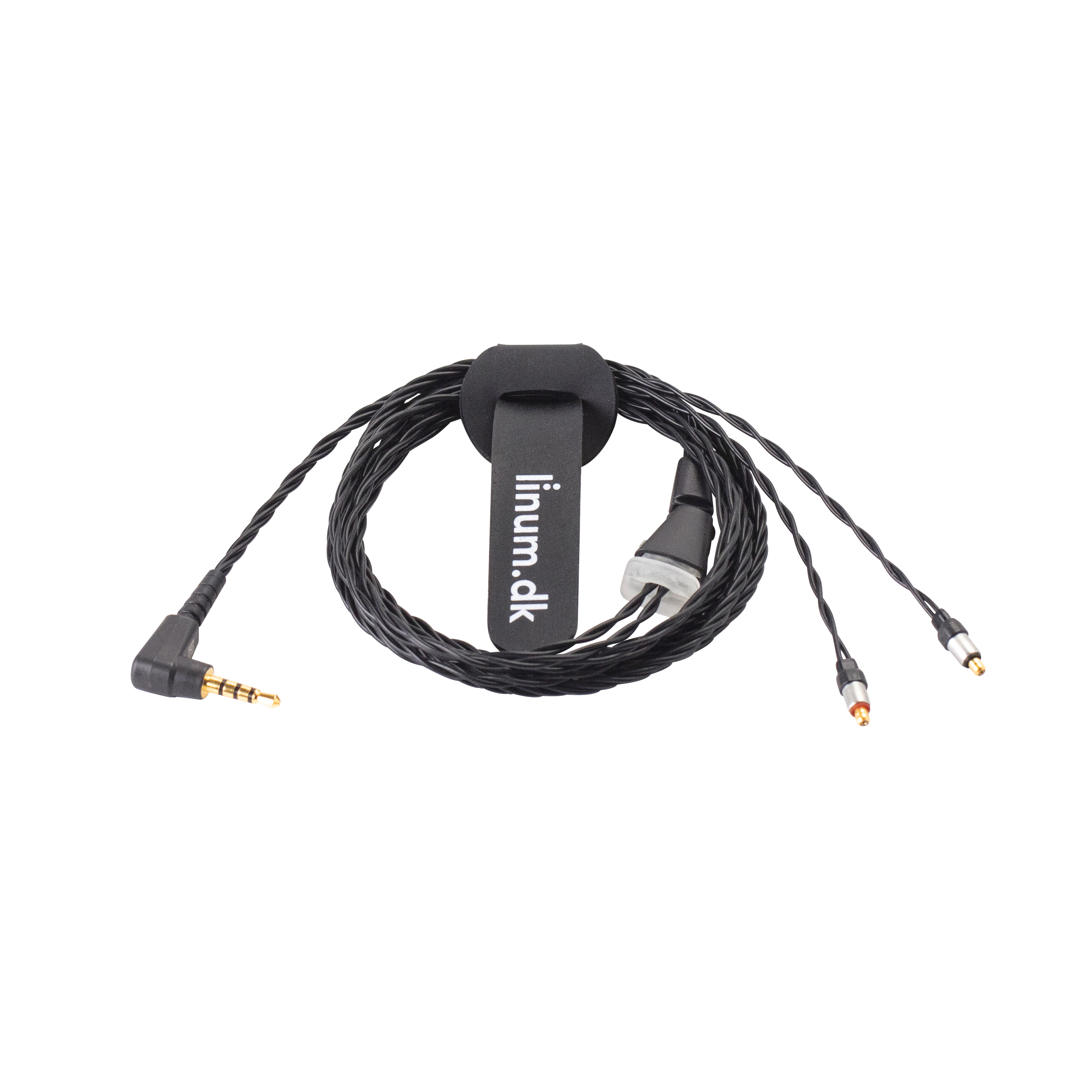 A black audio cable with a 3.5mm jack, a cable organizer, and RCA connectors.