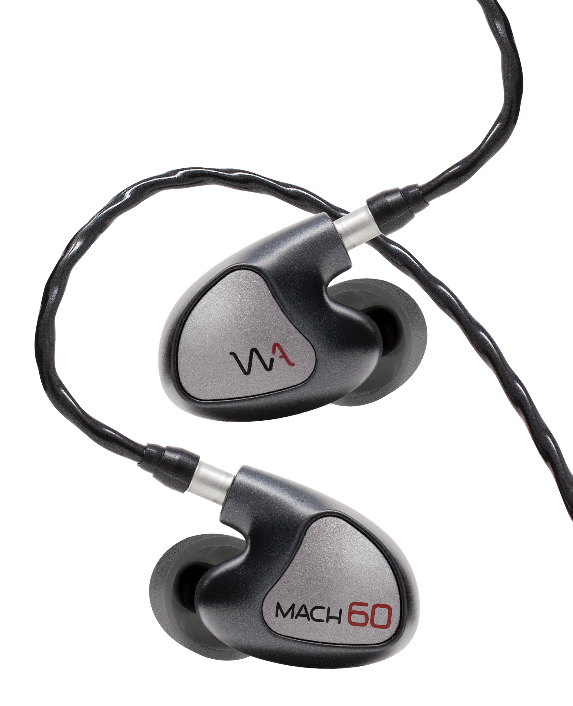 Zwarte en zilveren in-ear oordopjes, met merknaam en modelnaam op de buds.