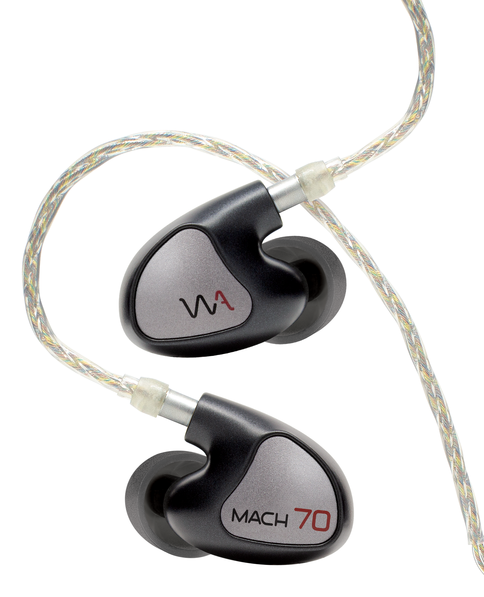 In-ear hoofdtelefoon met zwarte en zilveren accenten en een kabel.