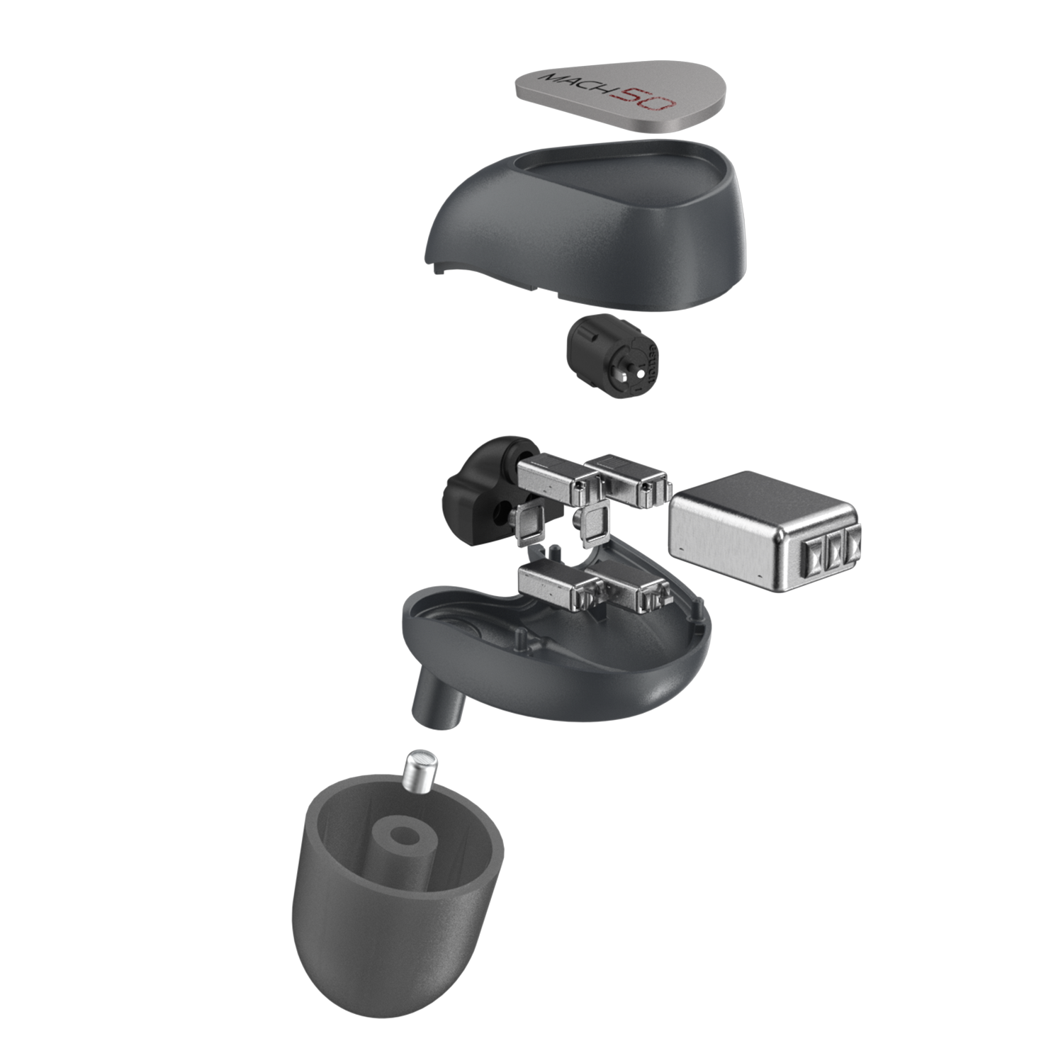 Exploded view van een oortelefoon, met zwarte en grijze componenten.