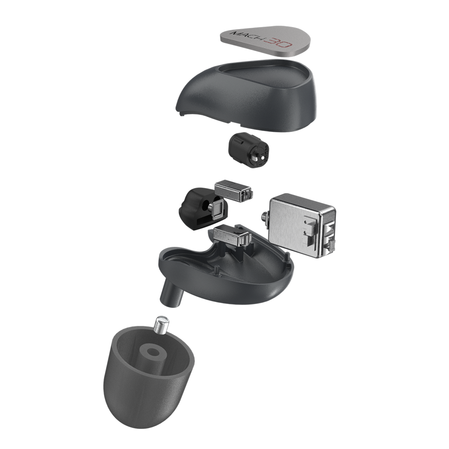 Exploded view van een oortelefoon met meerdere componenten, waaronder een grijze tip, zwarte behuizing.