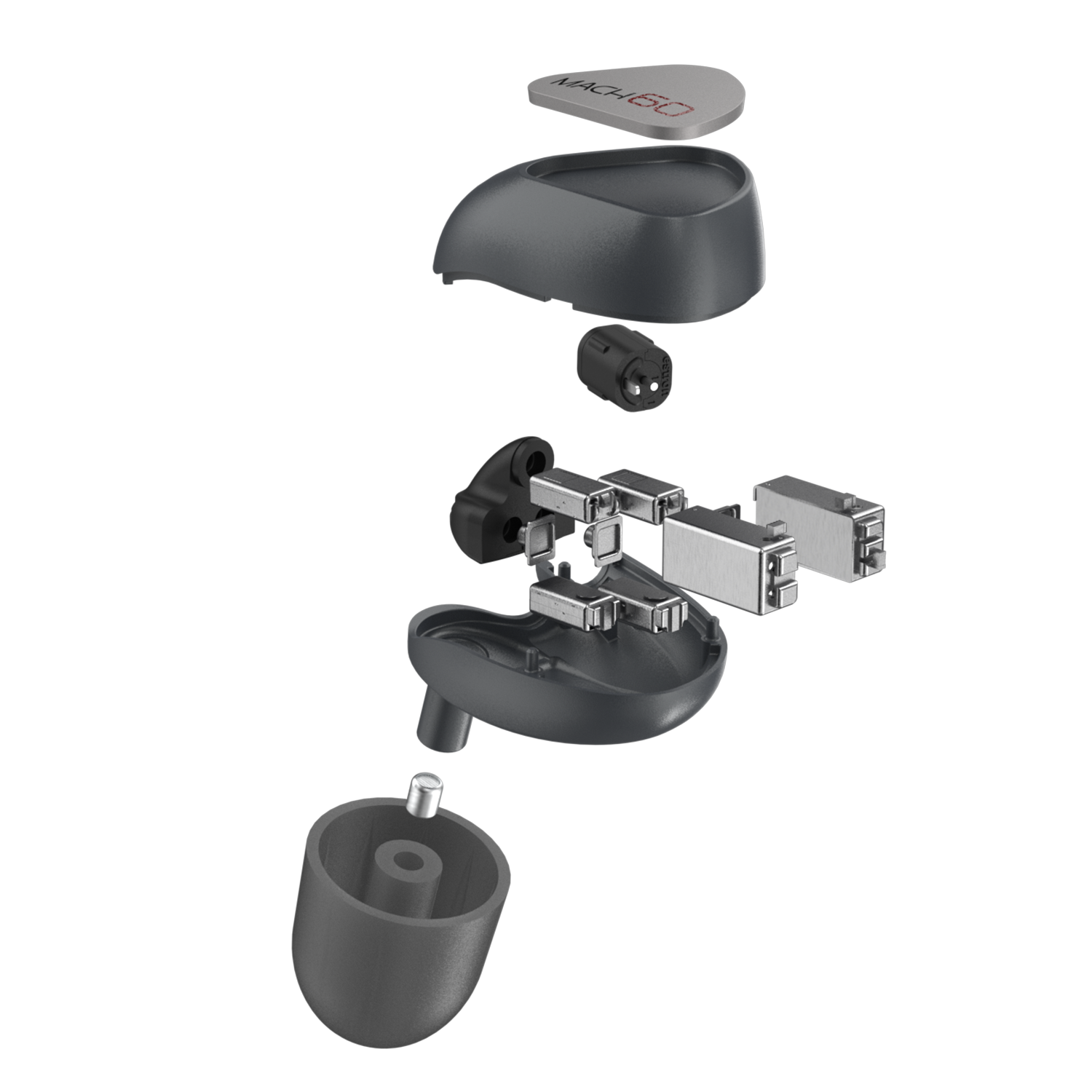 Exploded view van een oortelefoon, zwarte en zilveren componenten.