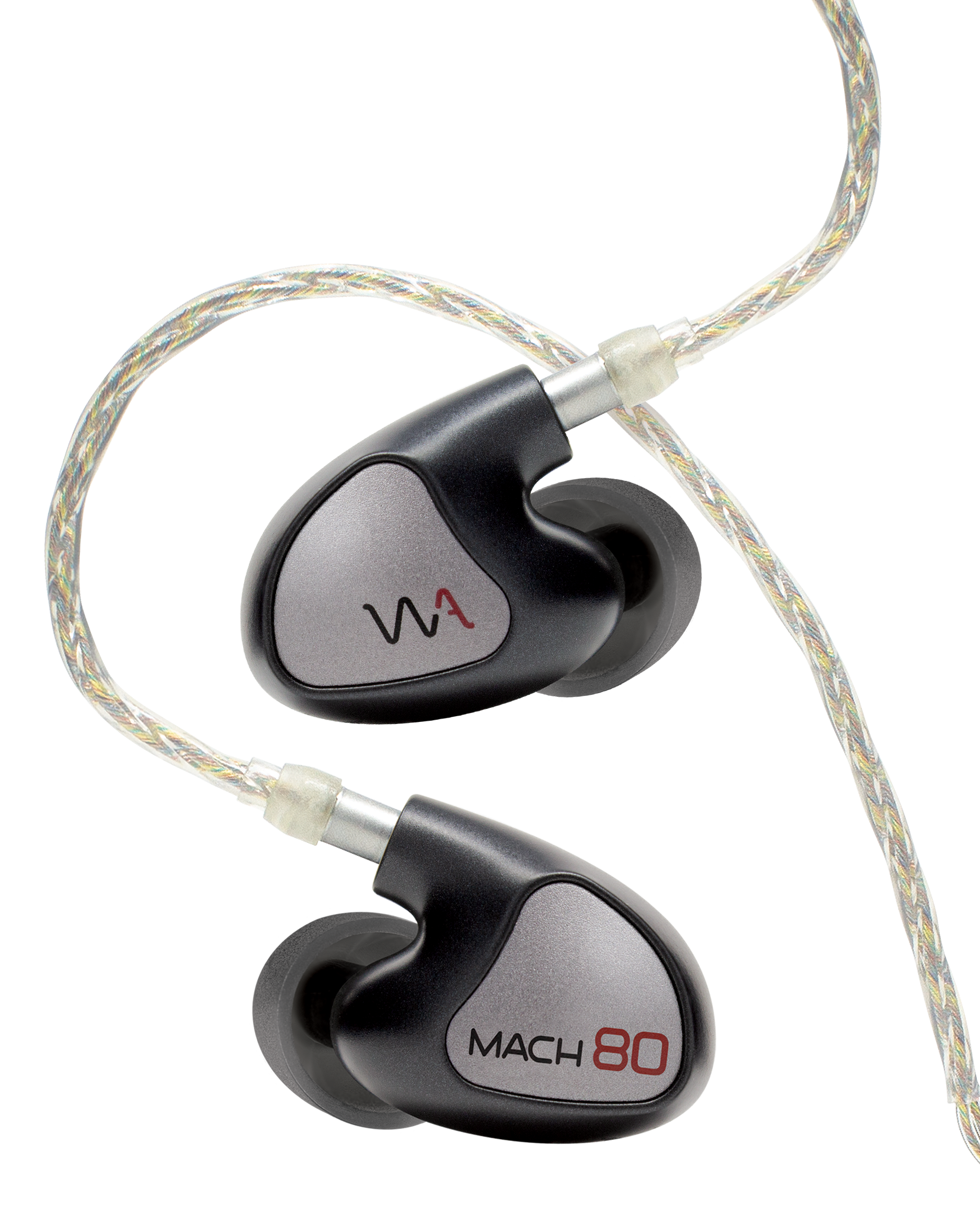 Set zwarte en zilveren in-ear monitors. Het merk WA staat op de zijkanten. Witte kabel.