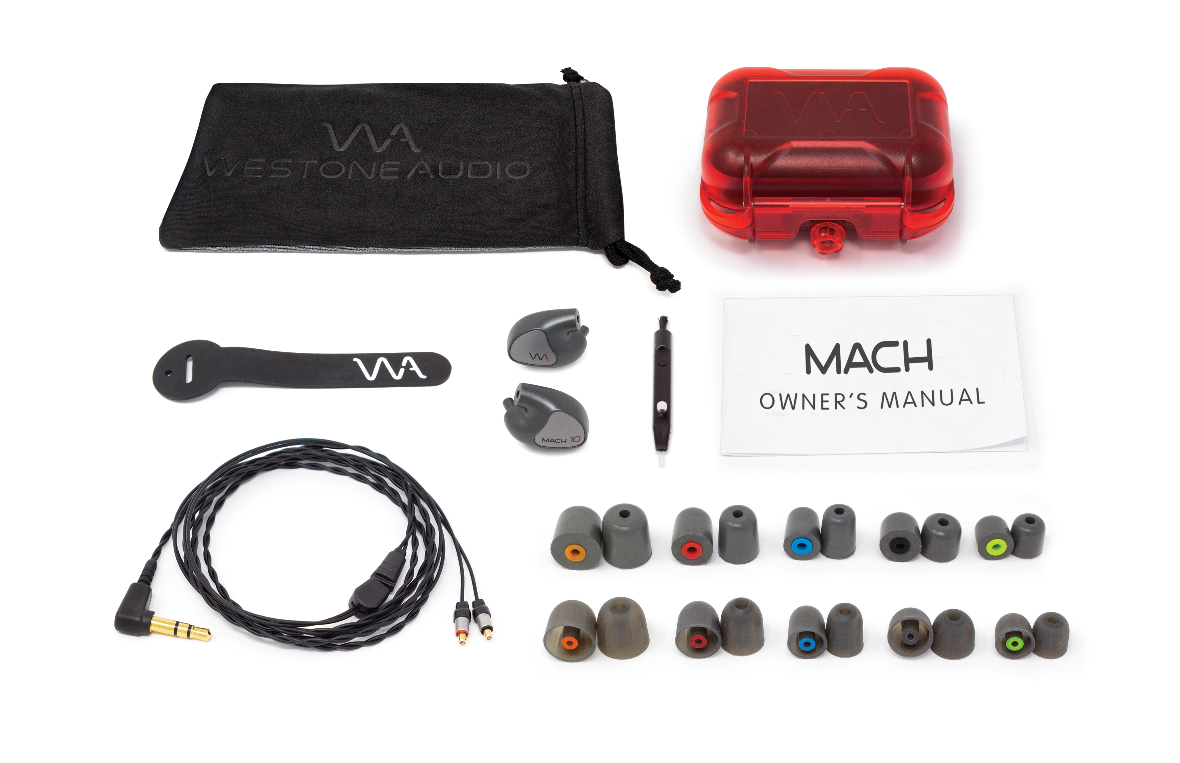 Diverse oortelefoonaccessoires, waaronder tips, een etui en een hardcase.