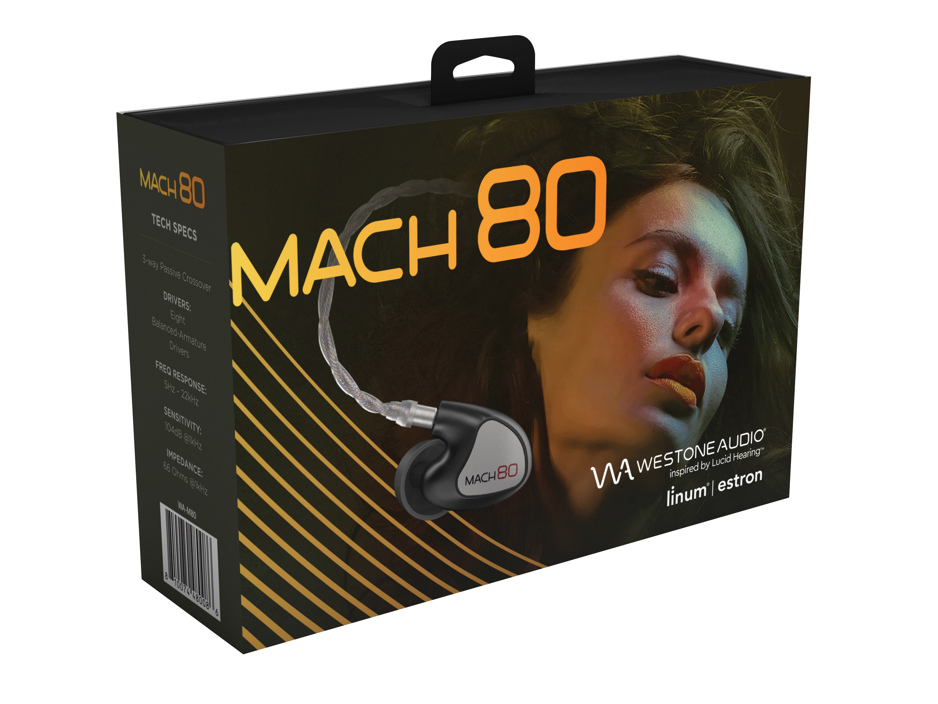 Hoofdtelefoonbox met het gezicht van een vrouw, de merknaam 'MACH 80' en technische specificaties.