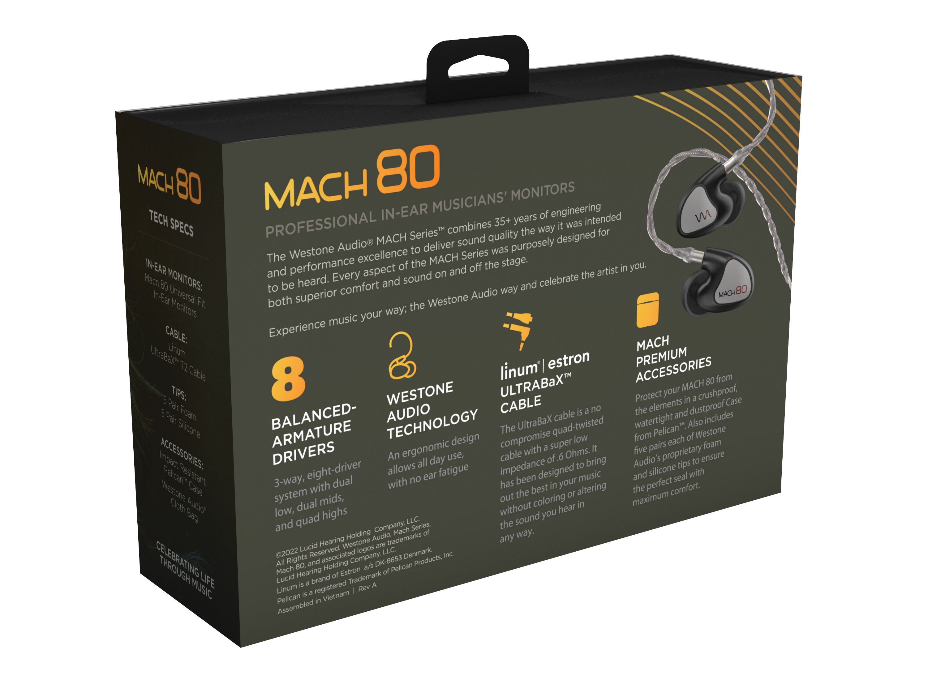 Doos met informatie over in-ear monitors. Bevat oortelefoons en accessoires. Zwarte en gouden kleuren. Zwarte achtergrond.