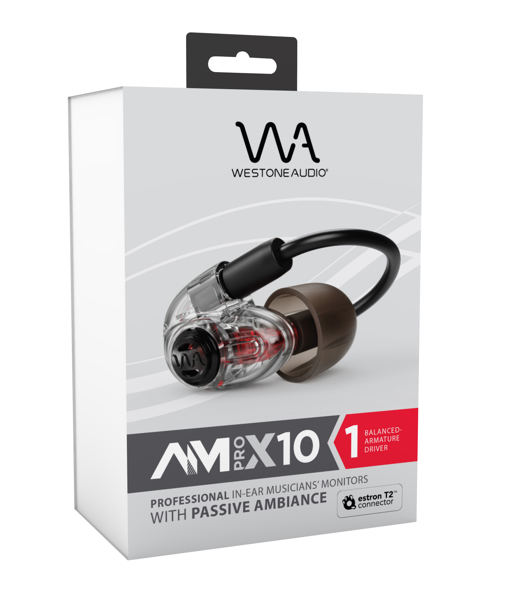 Kopfhörerbox. Klare Kopfhörer innen. Text: 'AMX10 PRO', 'WESTONE AUDIO'. Weißer Hintergrund.