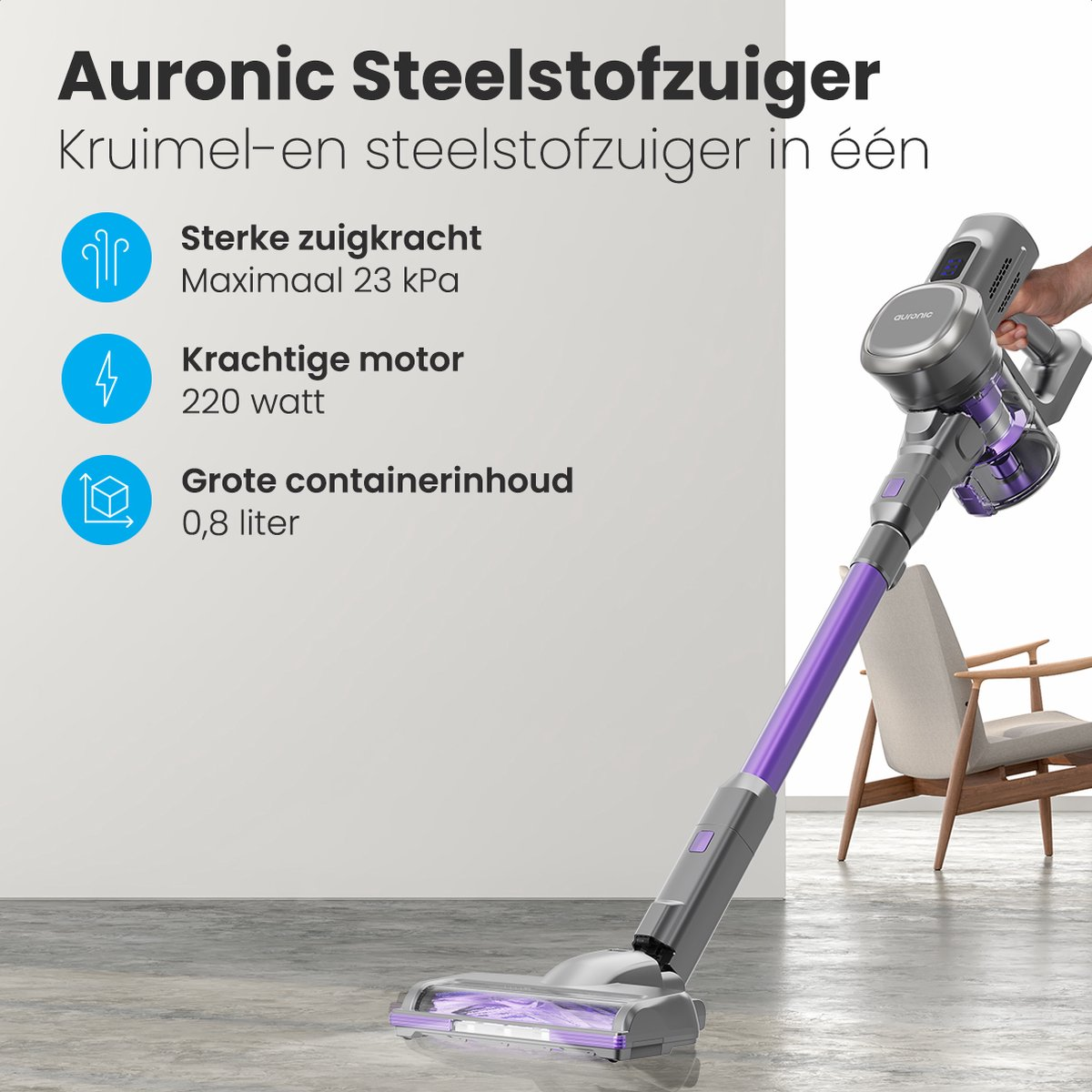 Un aspirateur à main avec un corps violet, sur un sol, avec du texte décrivant ses caractéristiques.