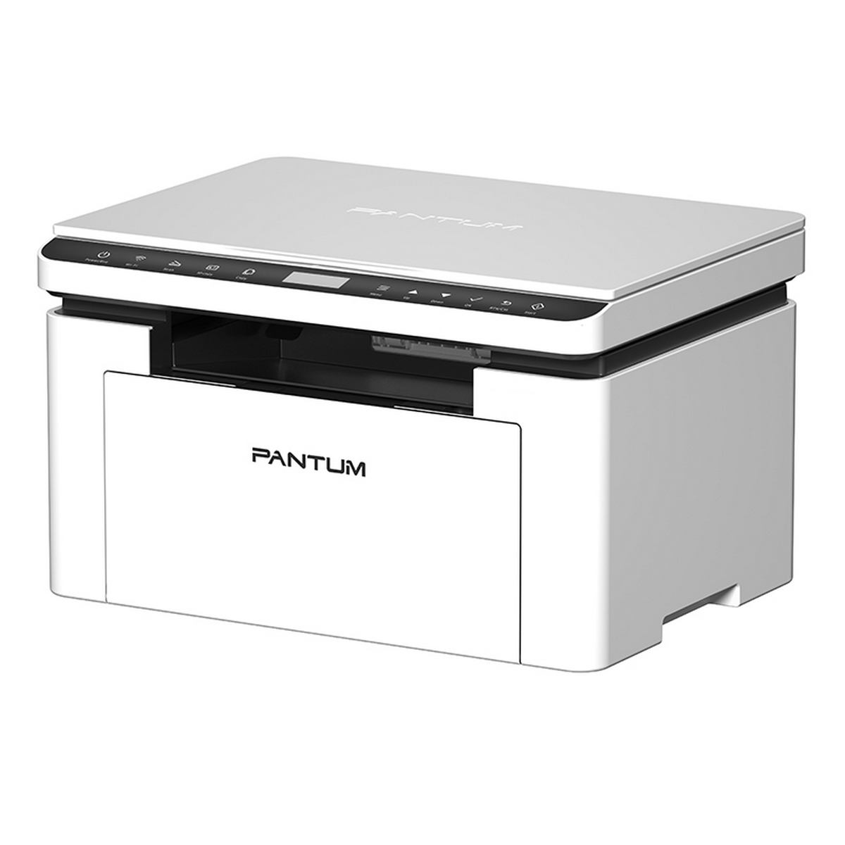 Weißer Pantum-Drucker mit oberem Bedienfeld und Papierschacht unten.