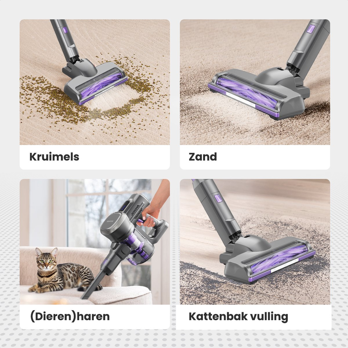 Aspirateur nettoyant quatre types de saletés différents sur différentes surfaces de sol.