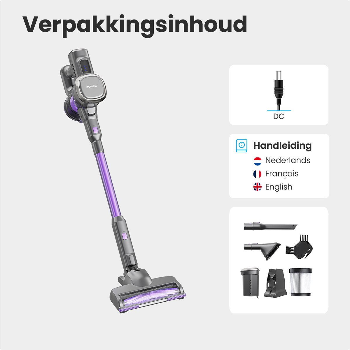 A purple and gray cordless vacuum cleaner with accessories, and a DC adapter.