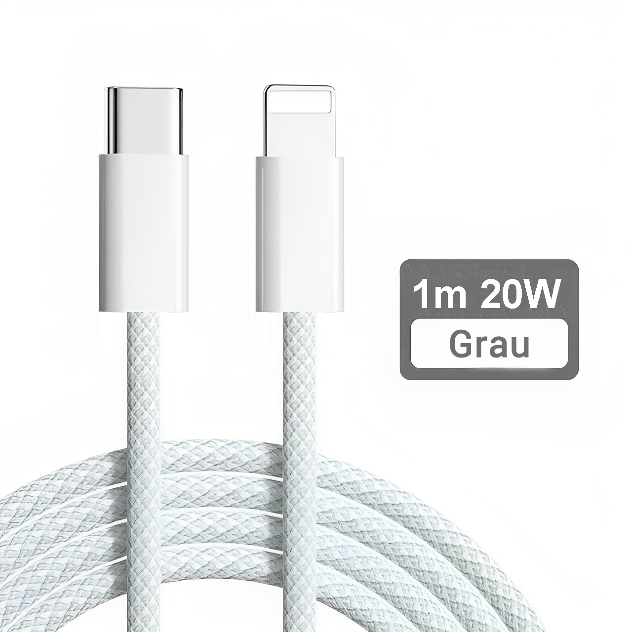Weißes Ladekabel mit USB-C- und Lightning-Anschlüssen. Ein graues Etikett zeigt 1m 20W.