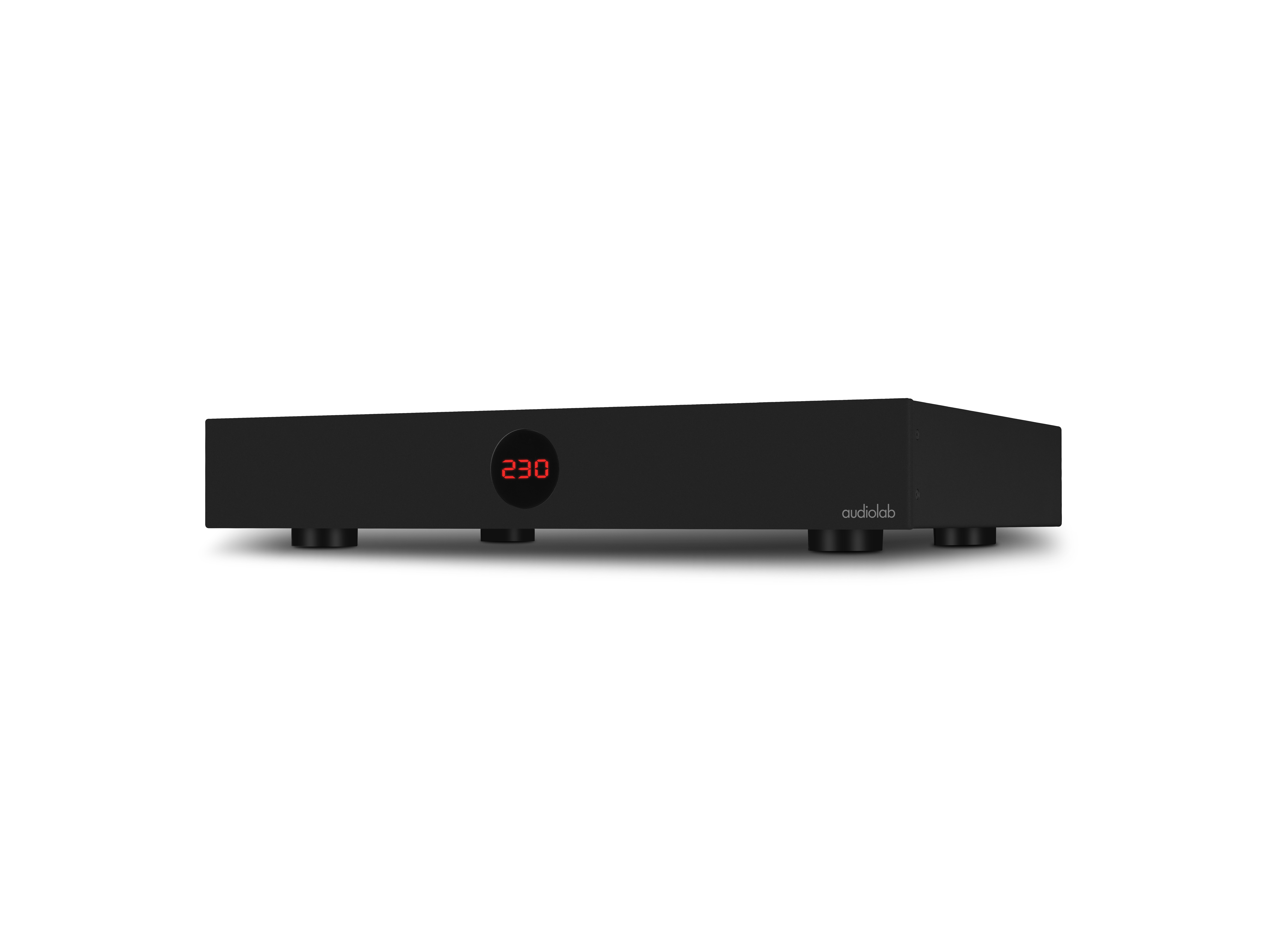 Black audio device with a red display showing 230. It has four black legs and the brand name 'audiolab'.