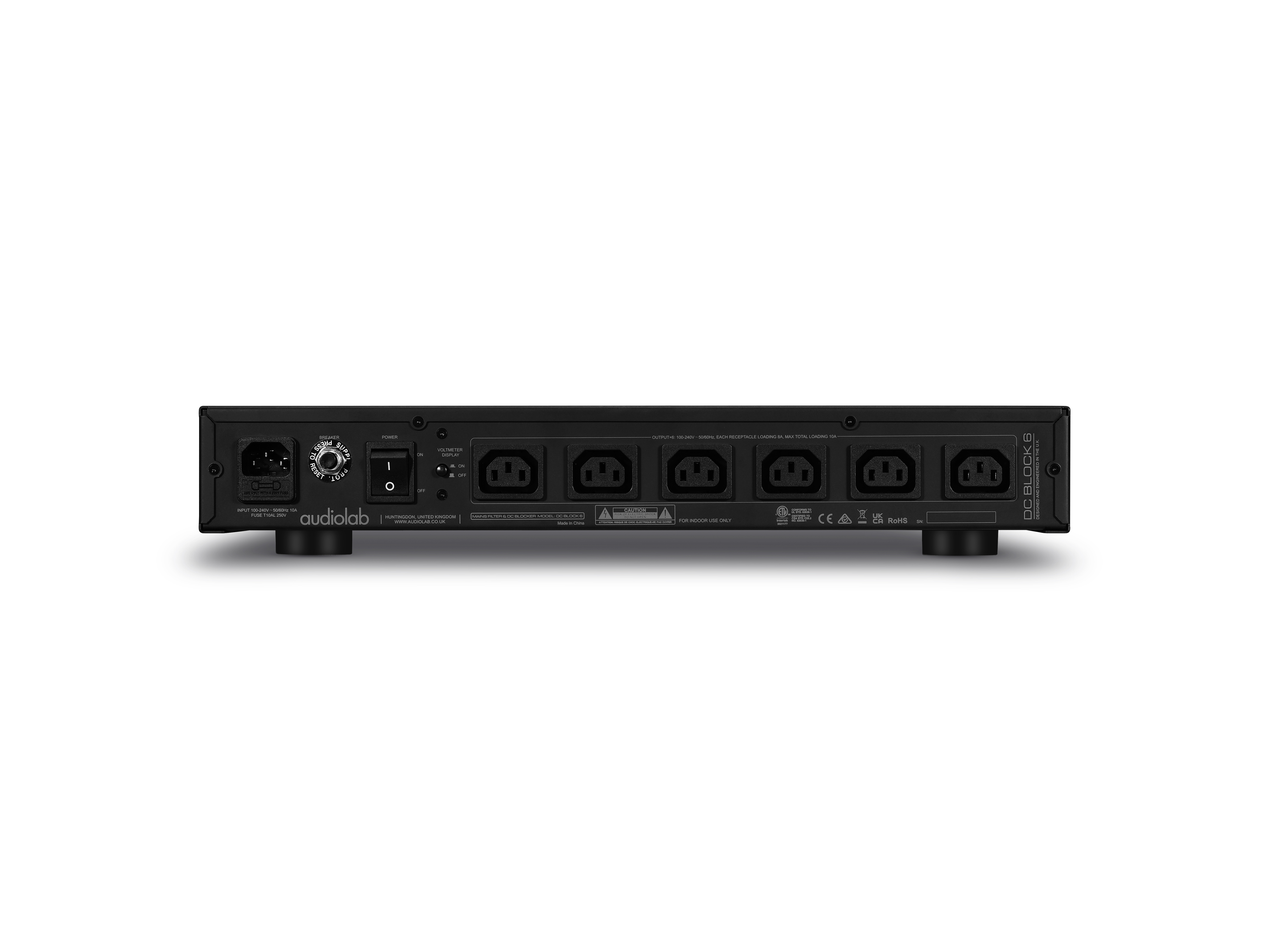 Black power strip with multiple outlets, a power switch and a fuse, on a white background.