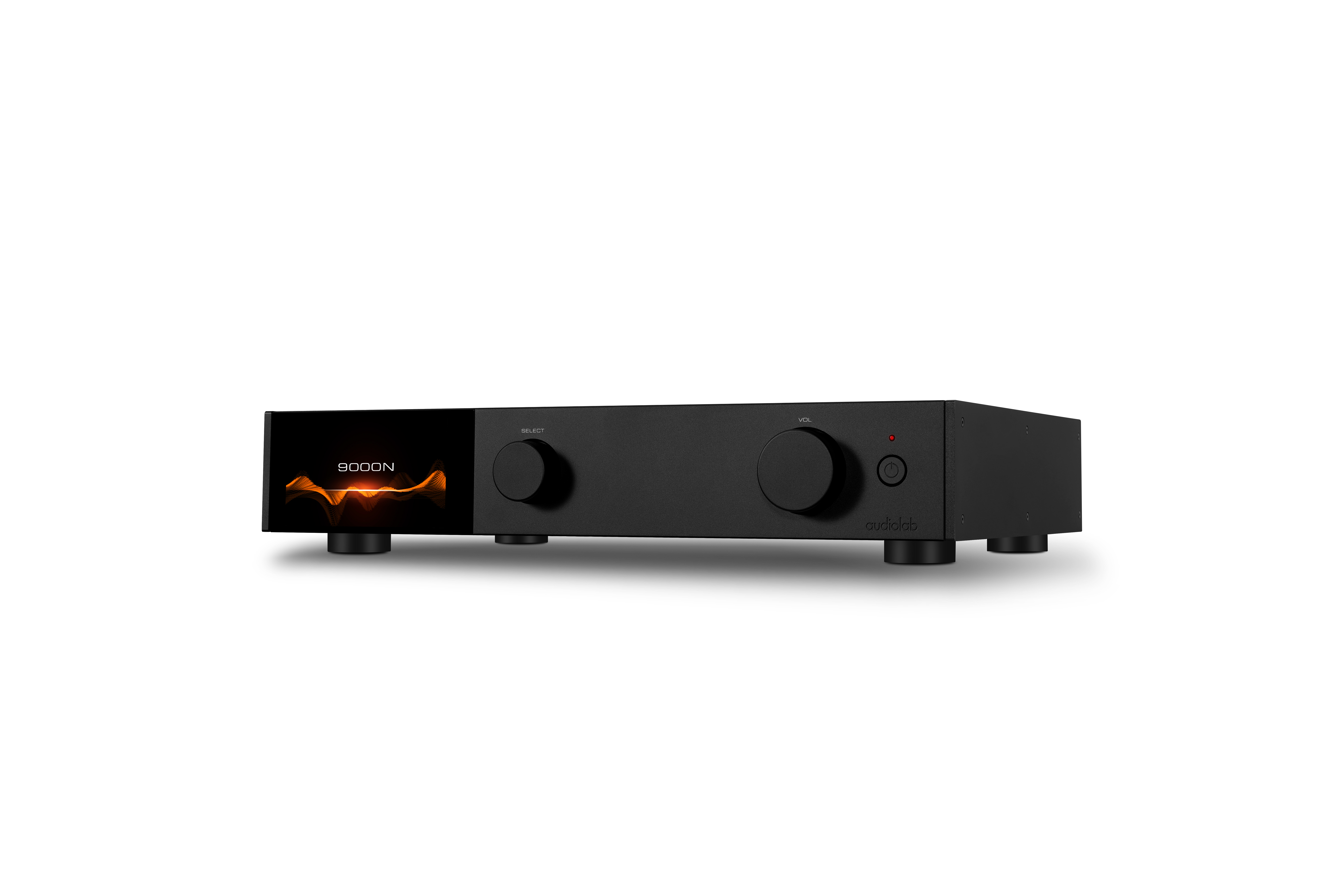 Black audio amplifier with a screen, two knobs, and a red power light.