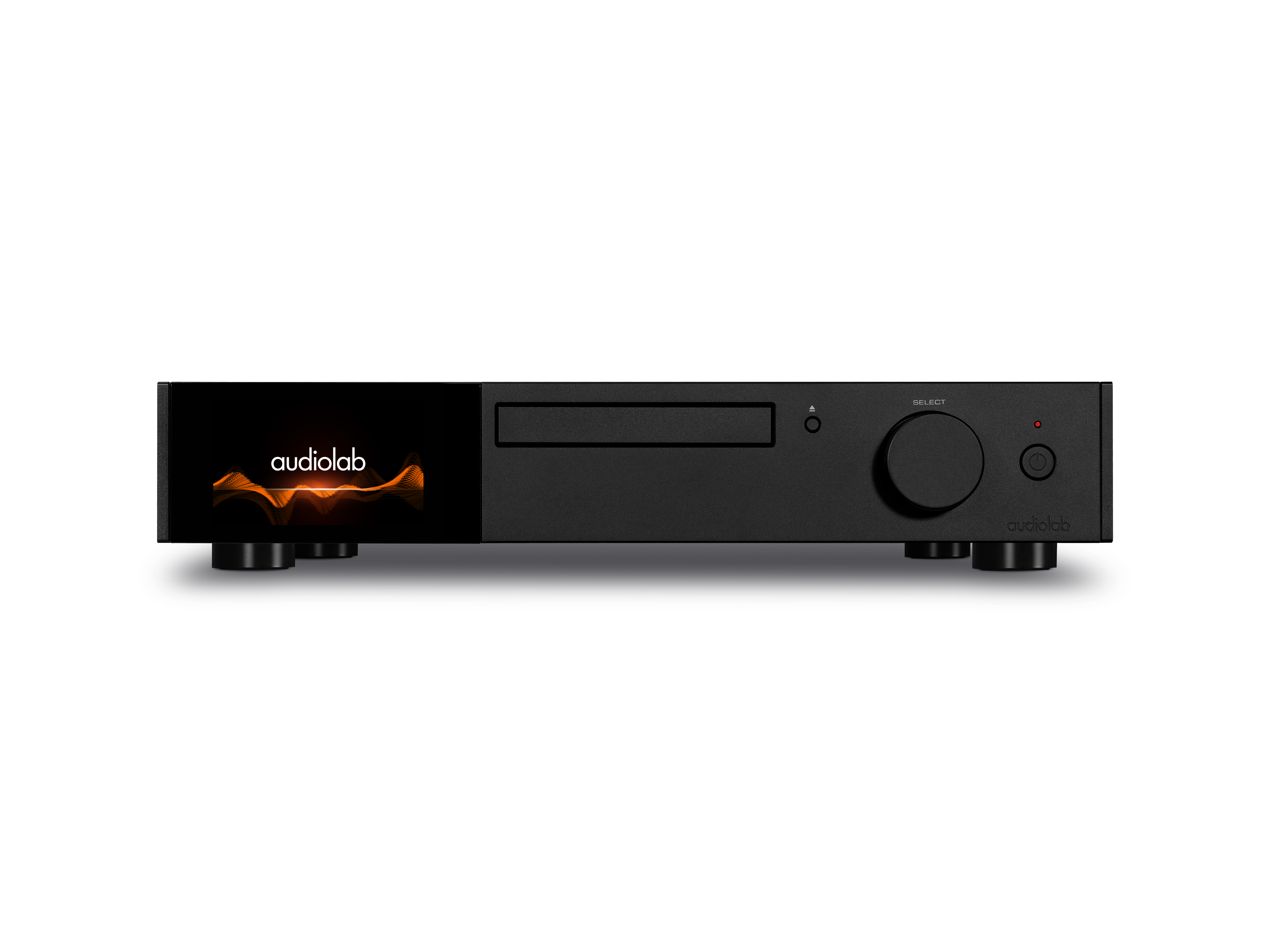 Zwarte audiospeler met scherm met oranje vlammen en cd-sleuf. Knoppen en draaiknop vooraan.