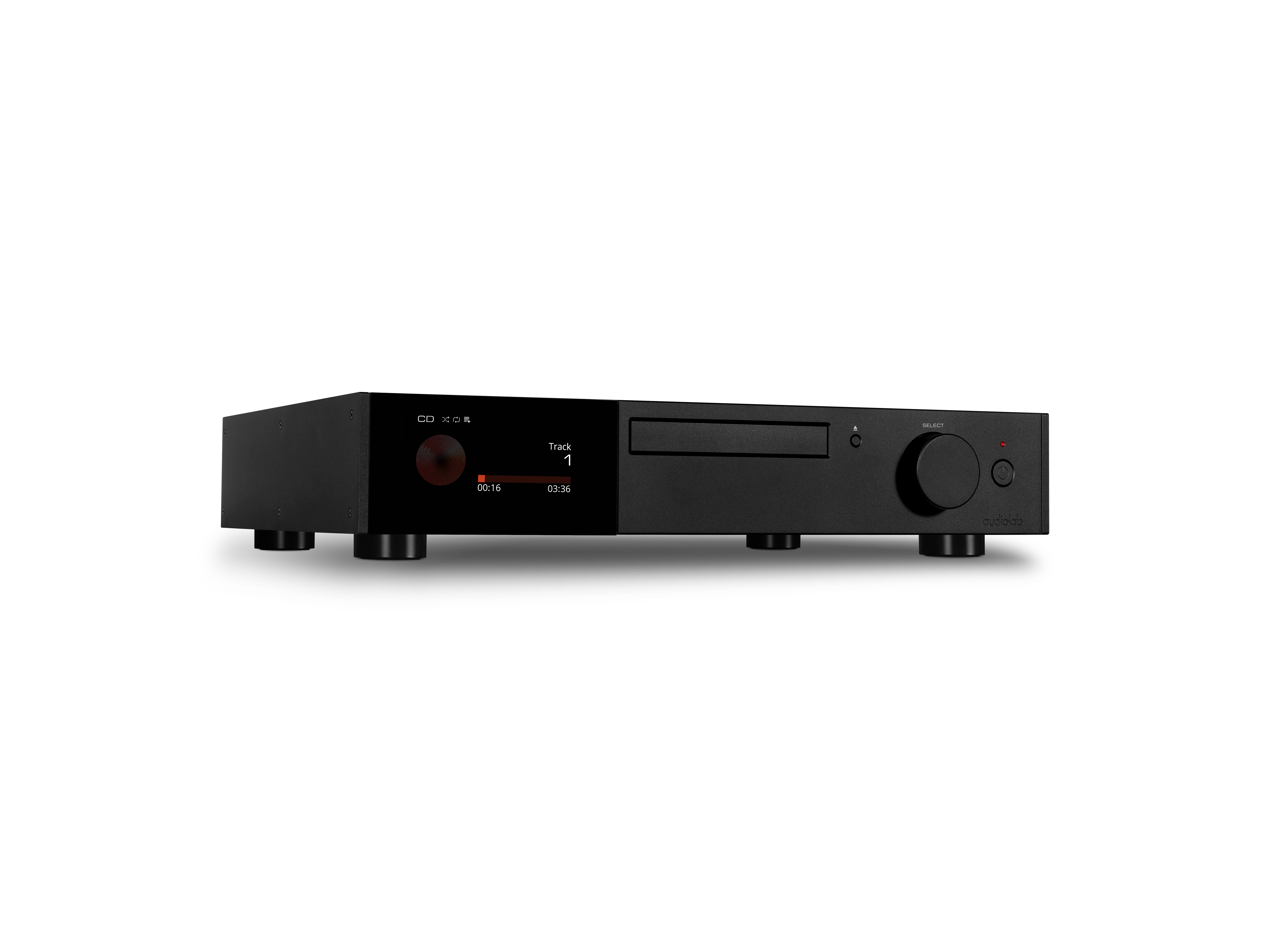 Zwarte cd-speler met rood display met track 1 en tijd. Heeft een cd-lade en een volumeknop.