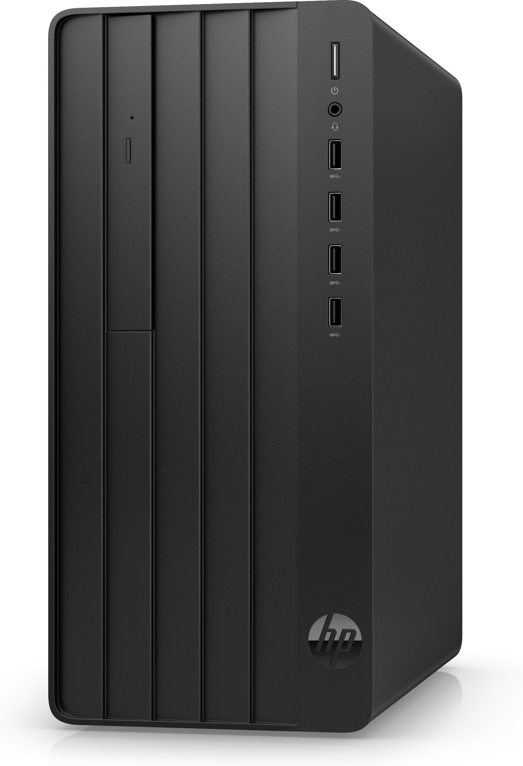 Un case per computer desktop nero con un pannello frontale con linee verticali e varie porte.