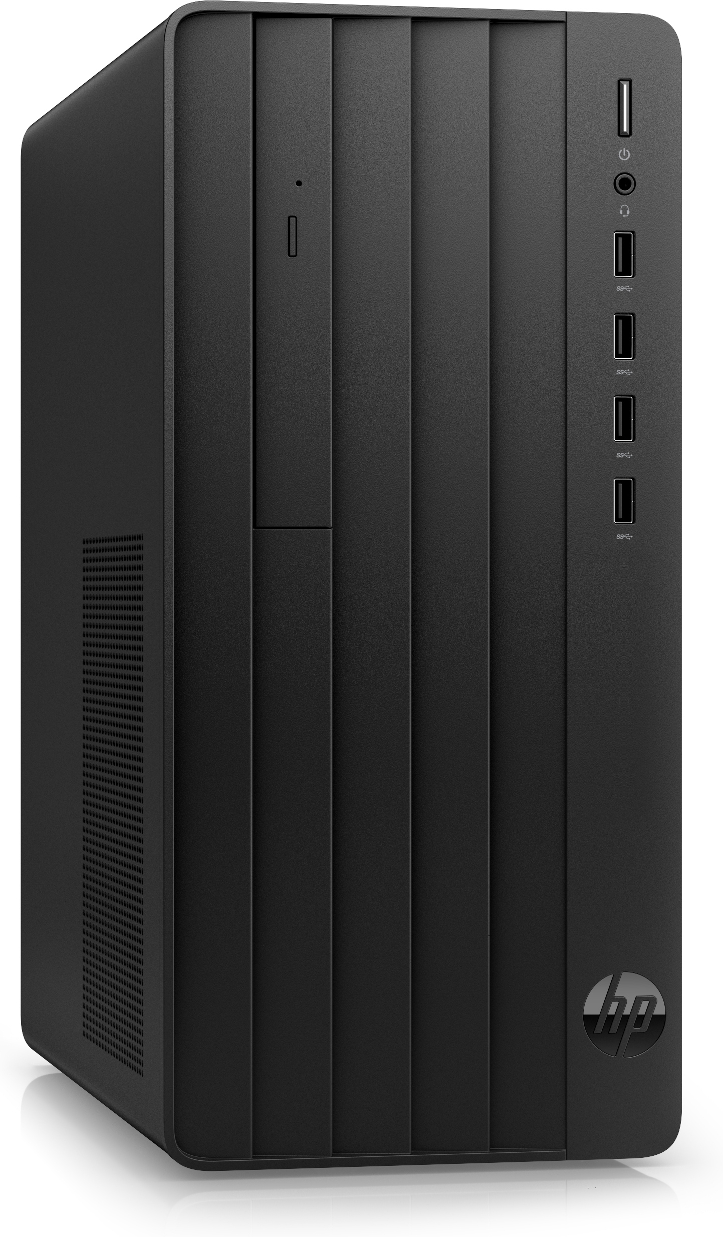 Un computer desktop nero con un design verticale e il logo HP in basso.