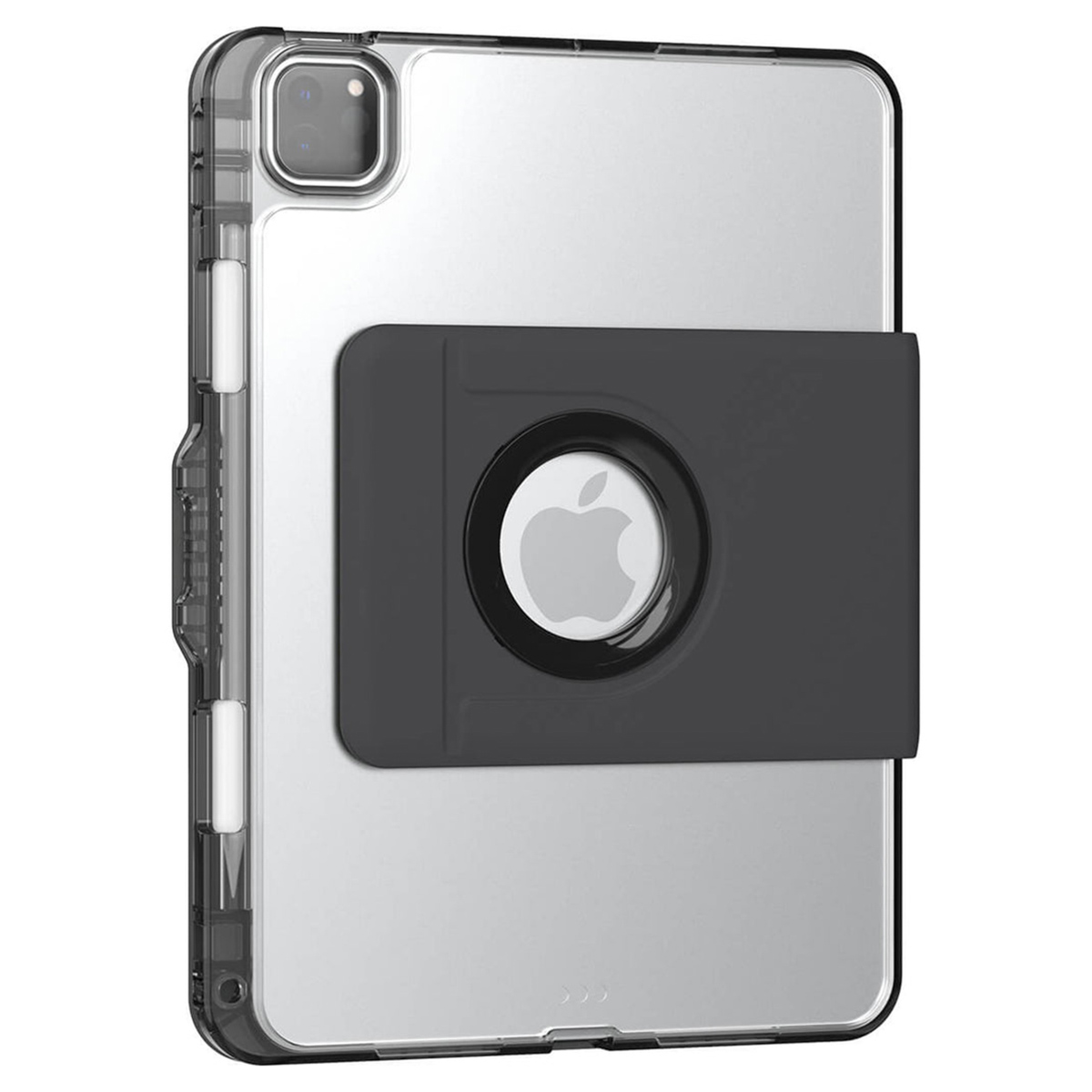 Tableta plateada con una funda negra y un soporte negro con un logotipo blanco de Apple.