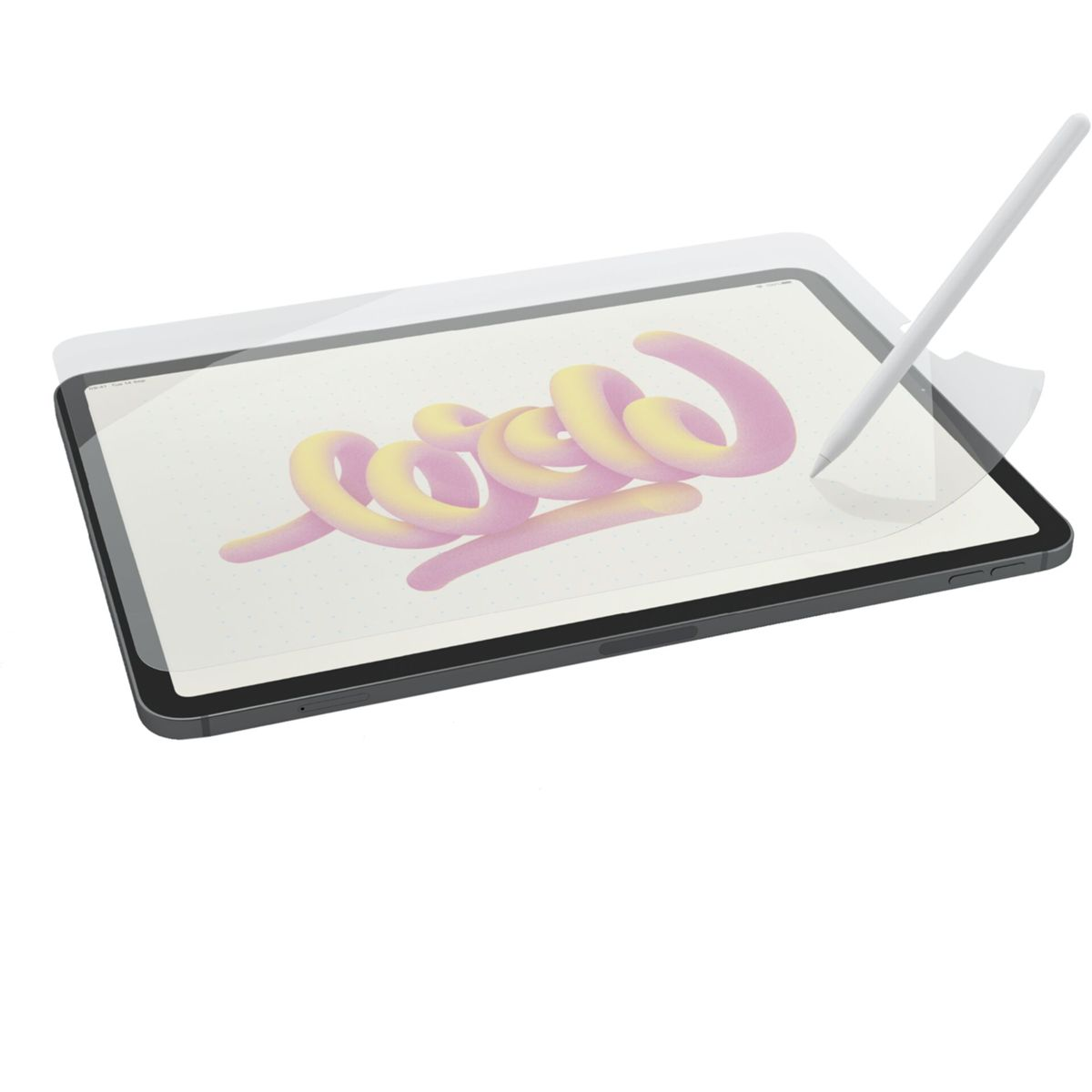 Ein Tablet mit Displayschutz und Stift. Der Bildschirm zeigt gelbe Schreibschrift.