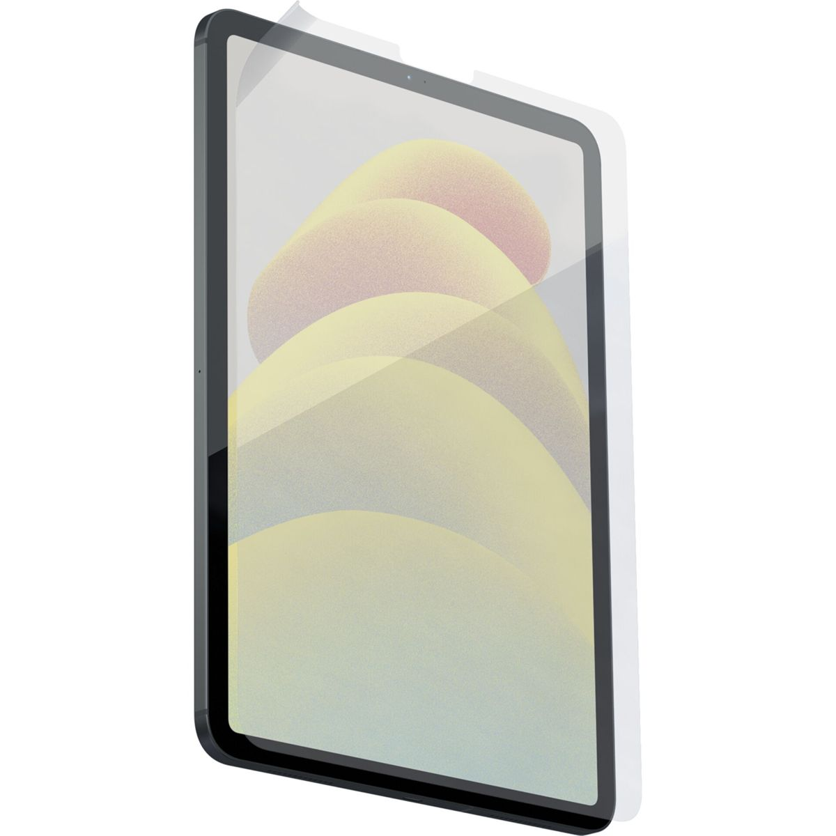 Tablet mit angebrachter Displayschutzfolie. Es hat einen gelb-rosa Hintergrund.