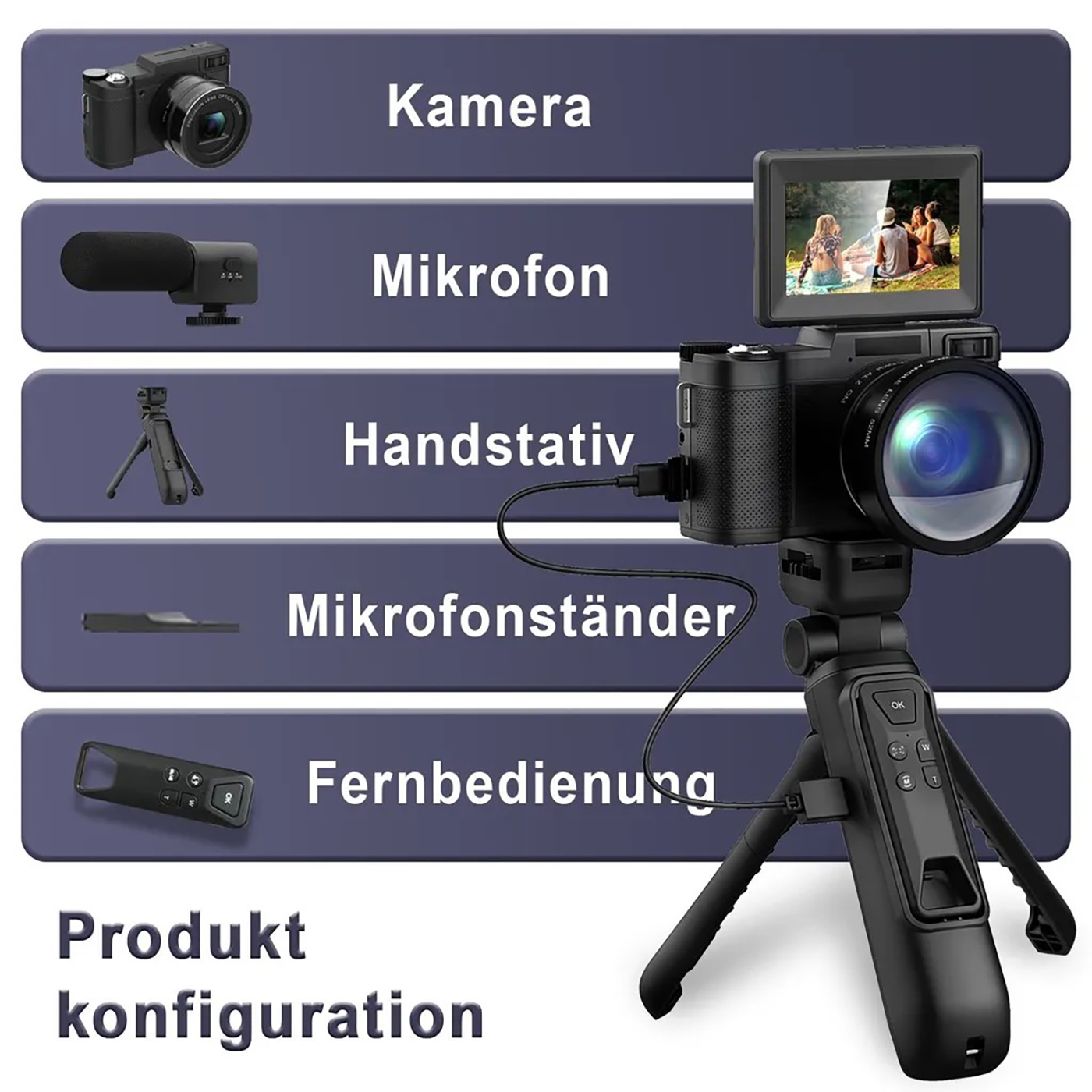 Produktkonfiguration: Kamera, Mikrofon, Stativ, Mikrofonständer und Fernbedienung.