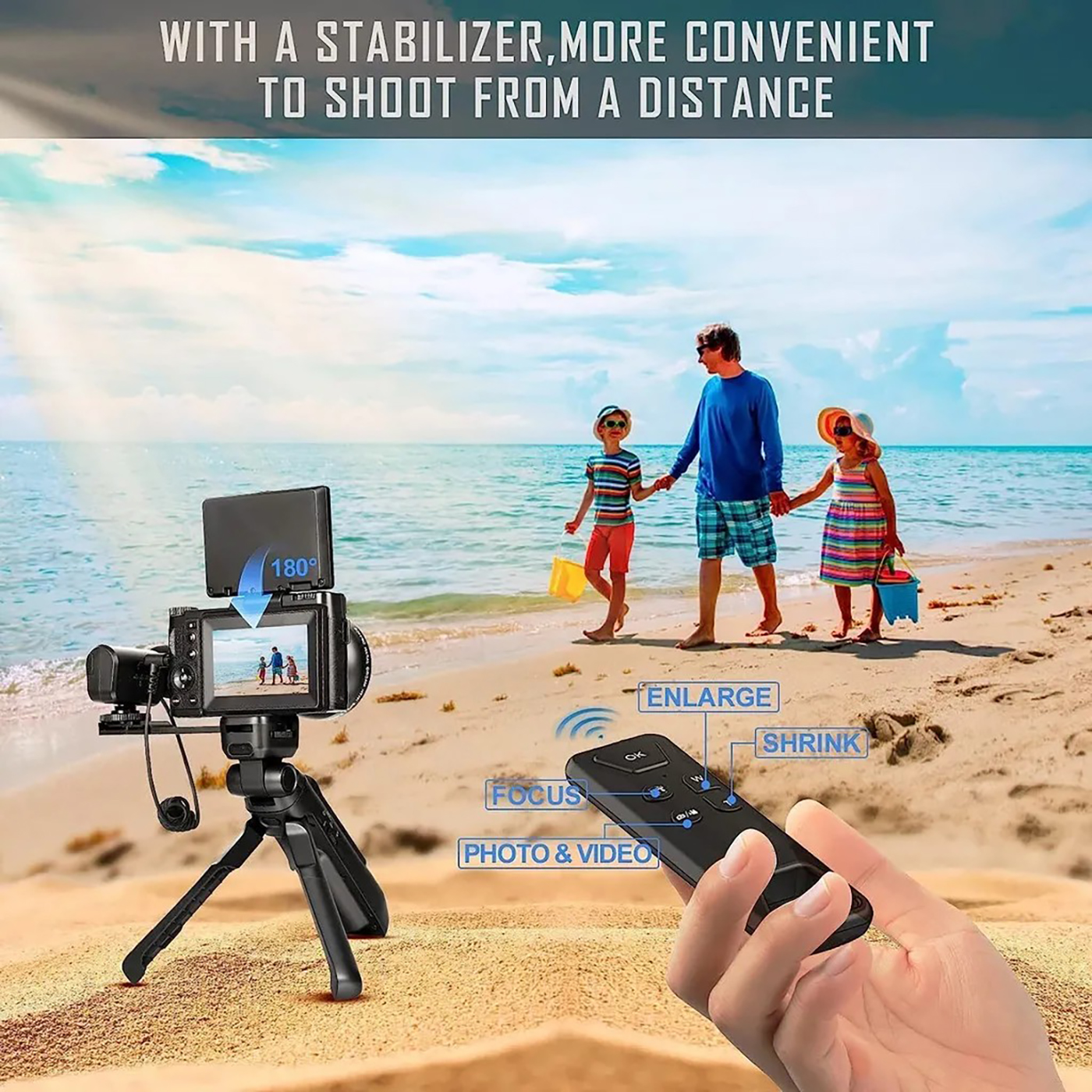 Strandszene mit Familie, Kamera auf Stativ, Fernbedienung.