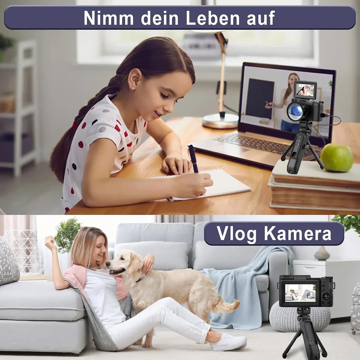 Ein Mädchen schreibt und eine Frau mit einem Hund, mit Text über Vlogging.